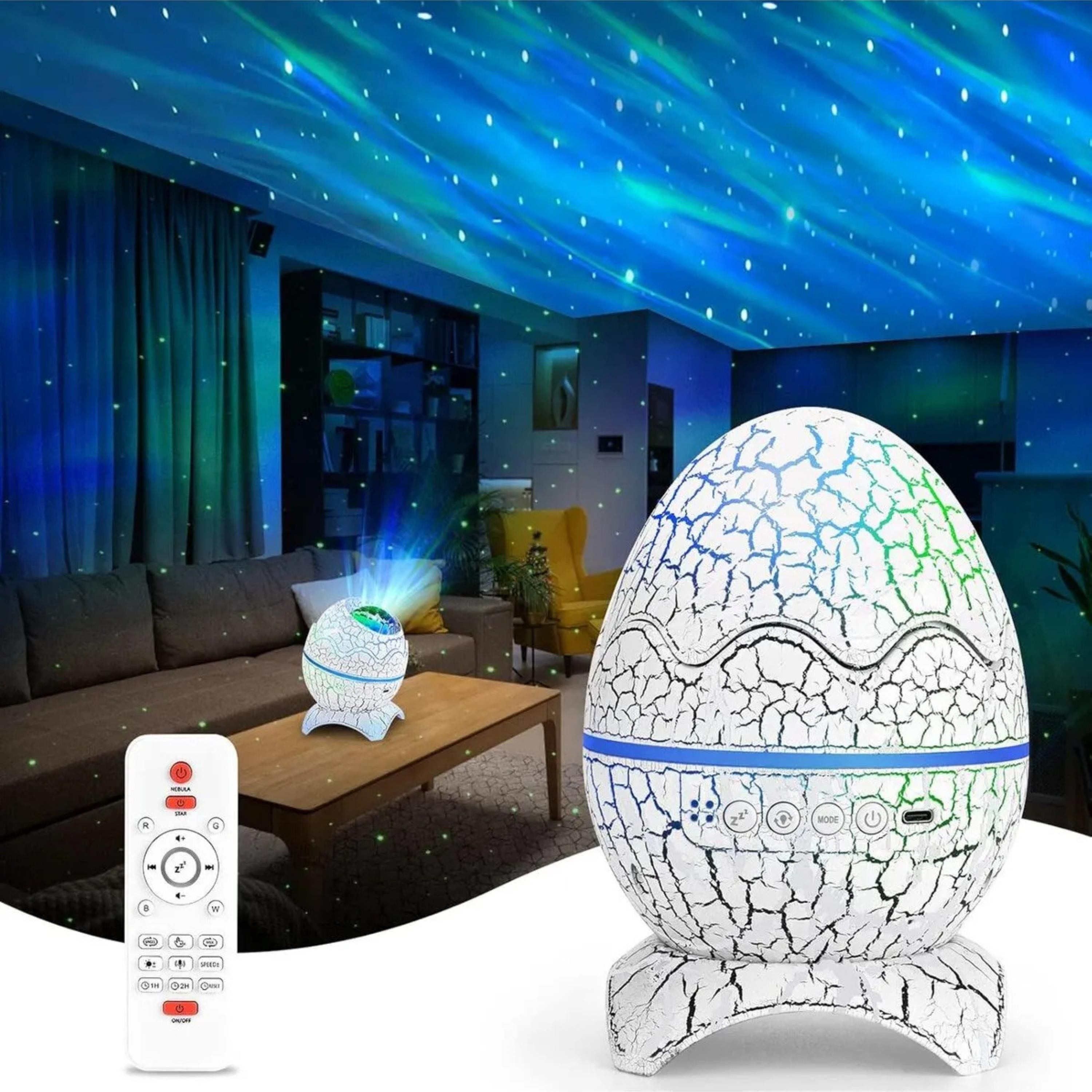 Dinozor Yumurtası Görünümlü Yıldızlı Galaksi Gökyüzü Gece Lambası Ve Kumandalı Bluetooth Hoparlör