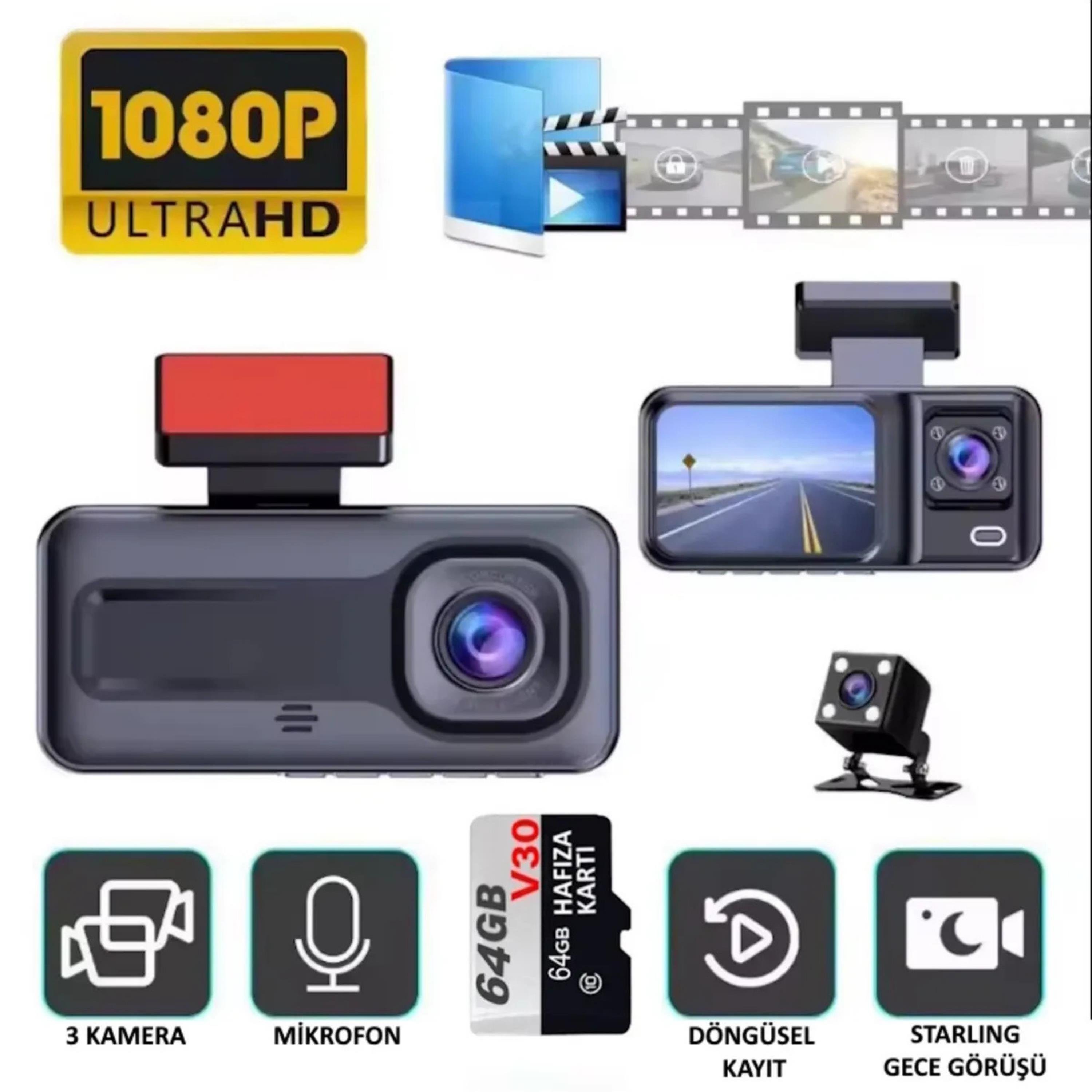 Üç Kameralı (Ön+İç+Arka) Araç içi Kamera Wifi Özellikli 1080P Ultra Hd