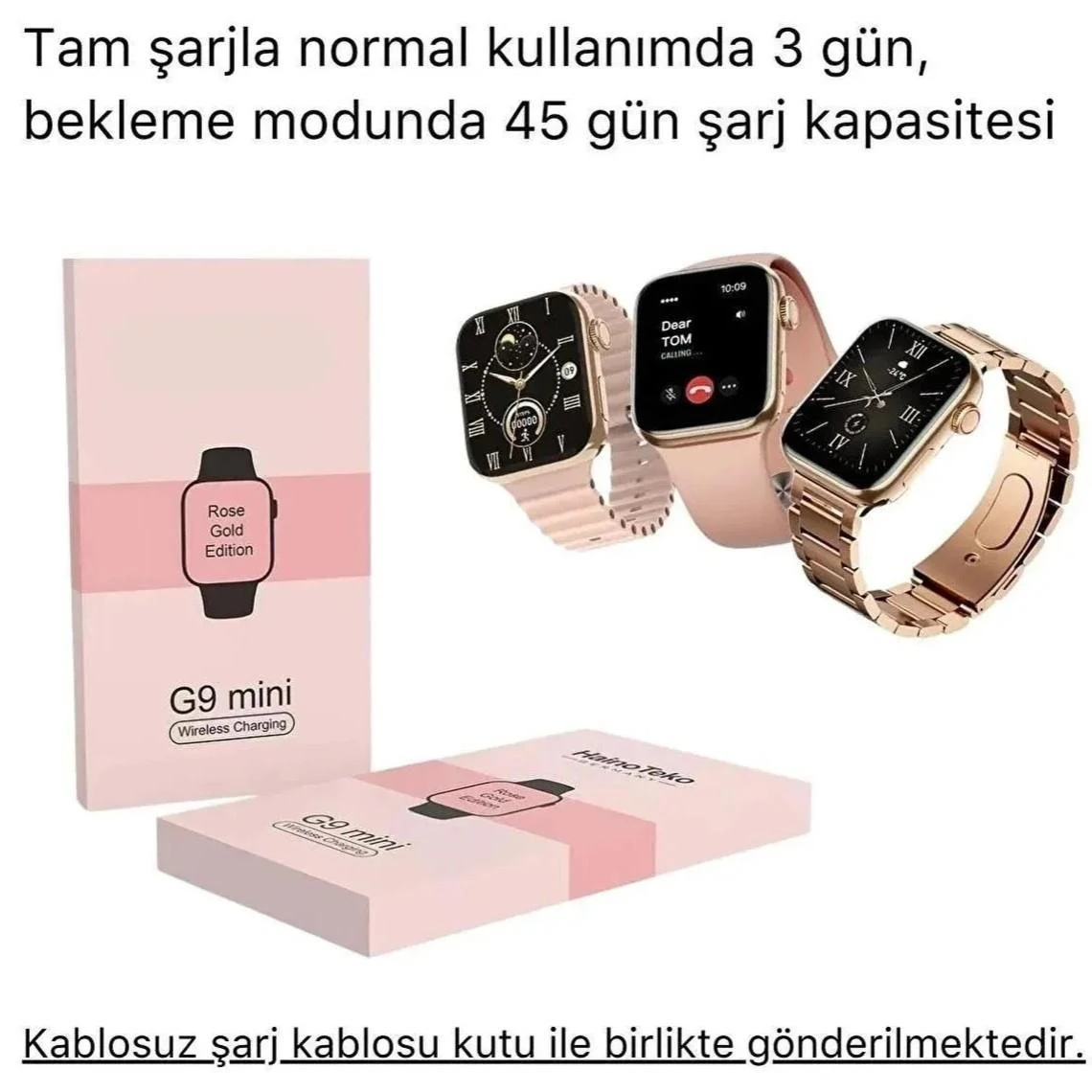 G9 Mini Kadın 3 Kordonlu Rose Gold Akıllı Saat Seti + Bileklik Hediyeli