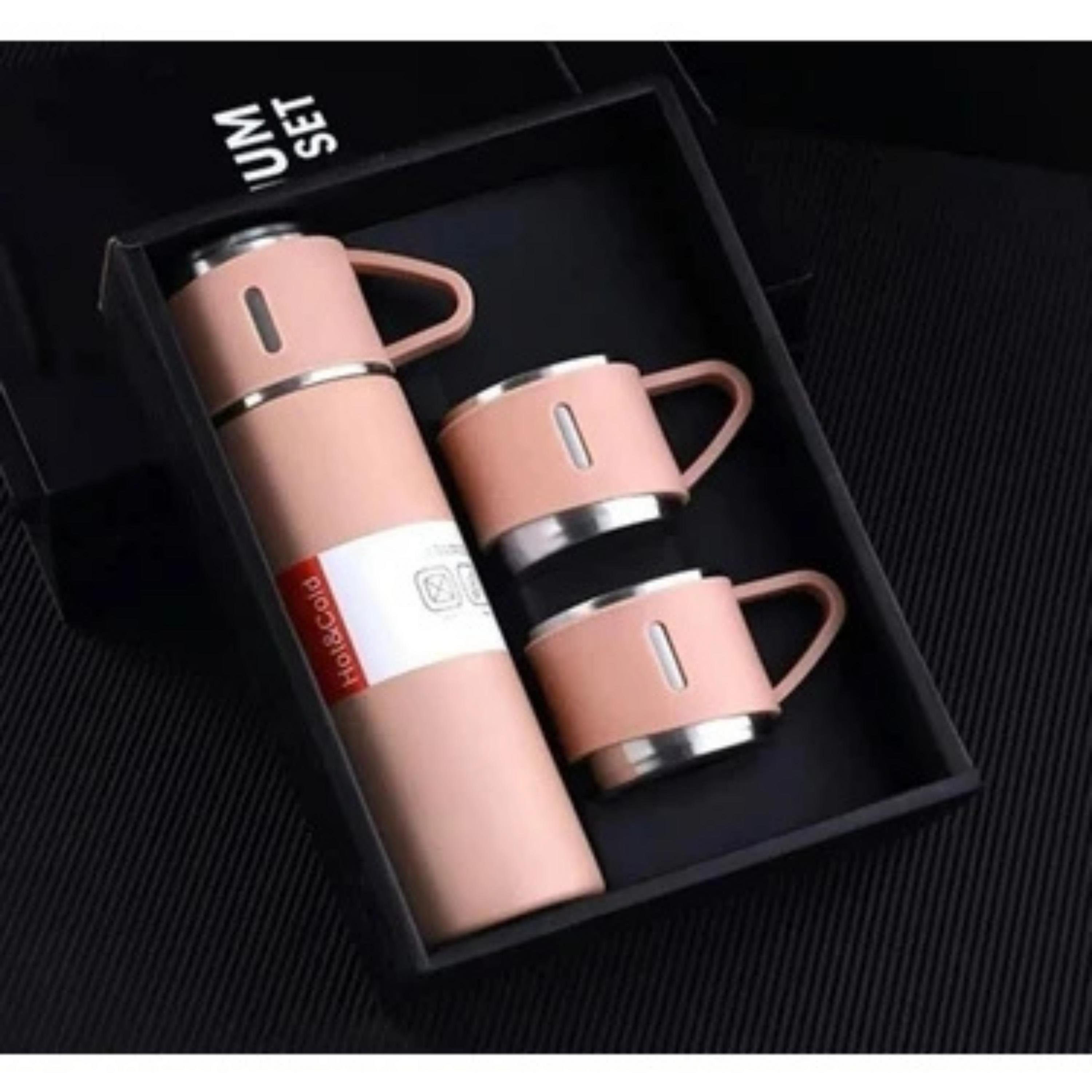Pembe 3 Bardaklı Paslanmaz Çelik Termos