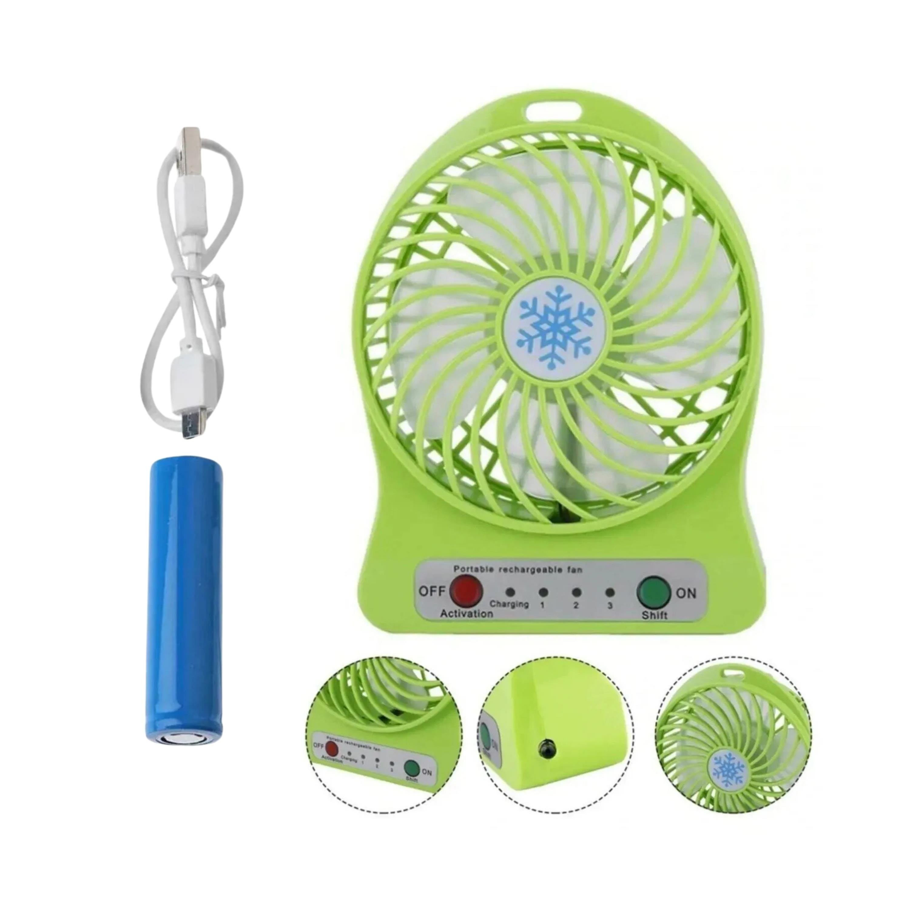 Yeşil USB Şarjlı Taşınabilir Mini Masaüstü Fan 3 Kademeli 4 Kanatlı Fenerli Vantilatör