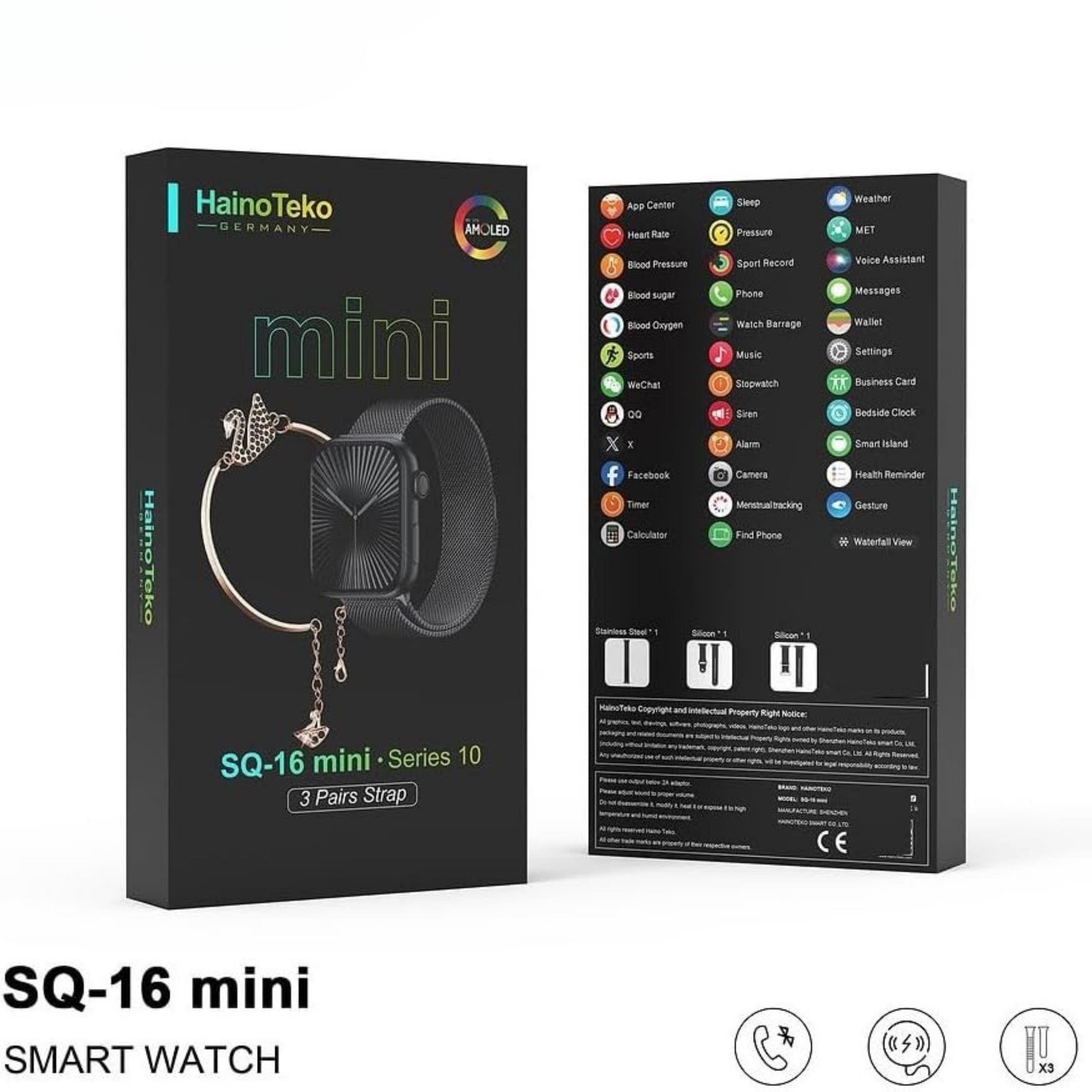 Siyah SQ16 Mini 3 Kordon 1 Bileklik Hediyeli Kadın Akıllı Saat