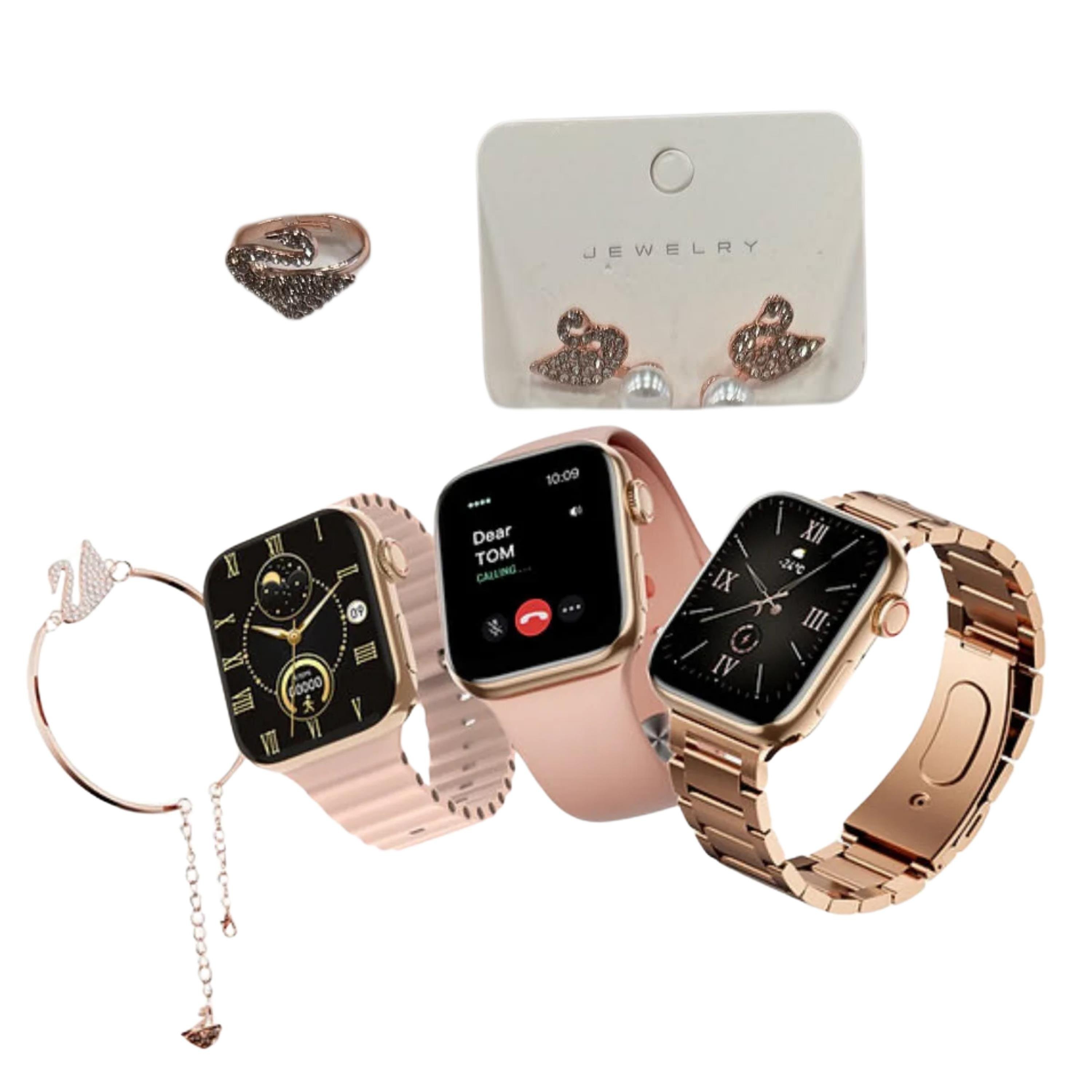 G39 41mm Rose Gold 3 Kordonlu Bileklik Küpe Ve Yüzük Hediyeli Akıllı Saat
