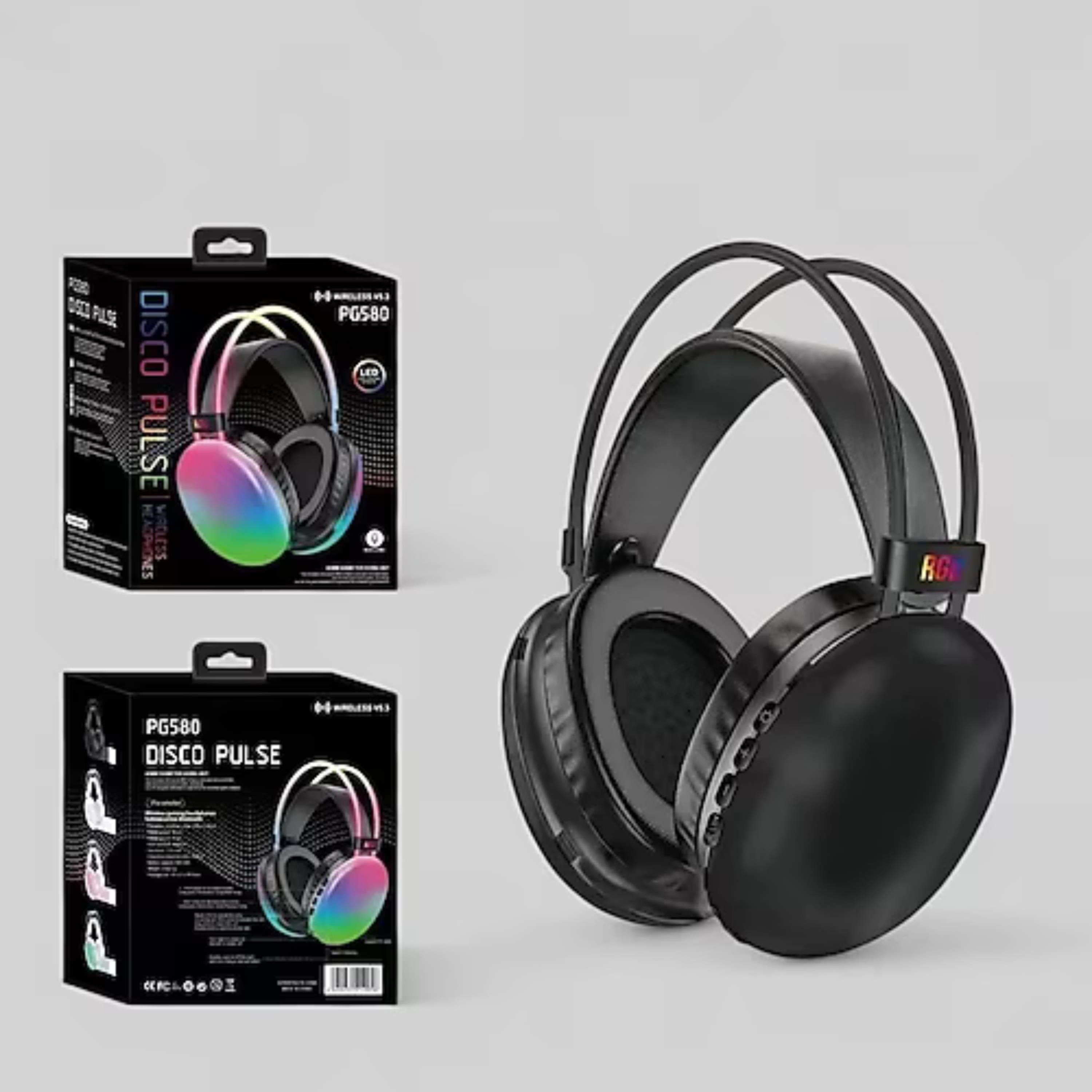 Siyah PG580 Oyuncu Kulaklığı RGB Işıklı Kablosuz Kulak Üstü Bluetooth Kulaklık
