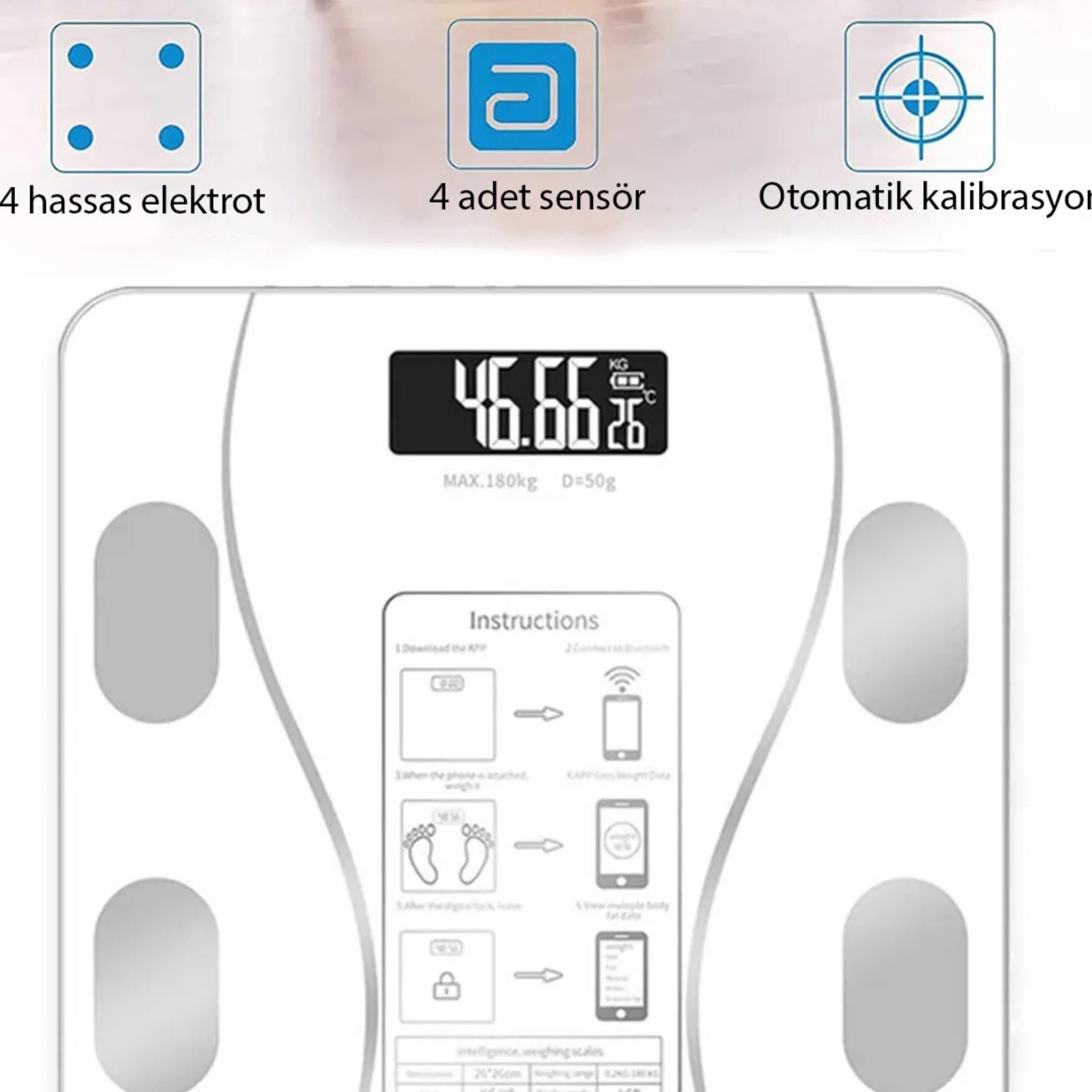 Beyaz TF-1072 Dijital Baskül Tartı Bluetoothlu Kilo Yağ Su Ölçüm Cihazı Akıllı Terazi