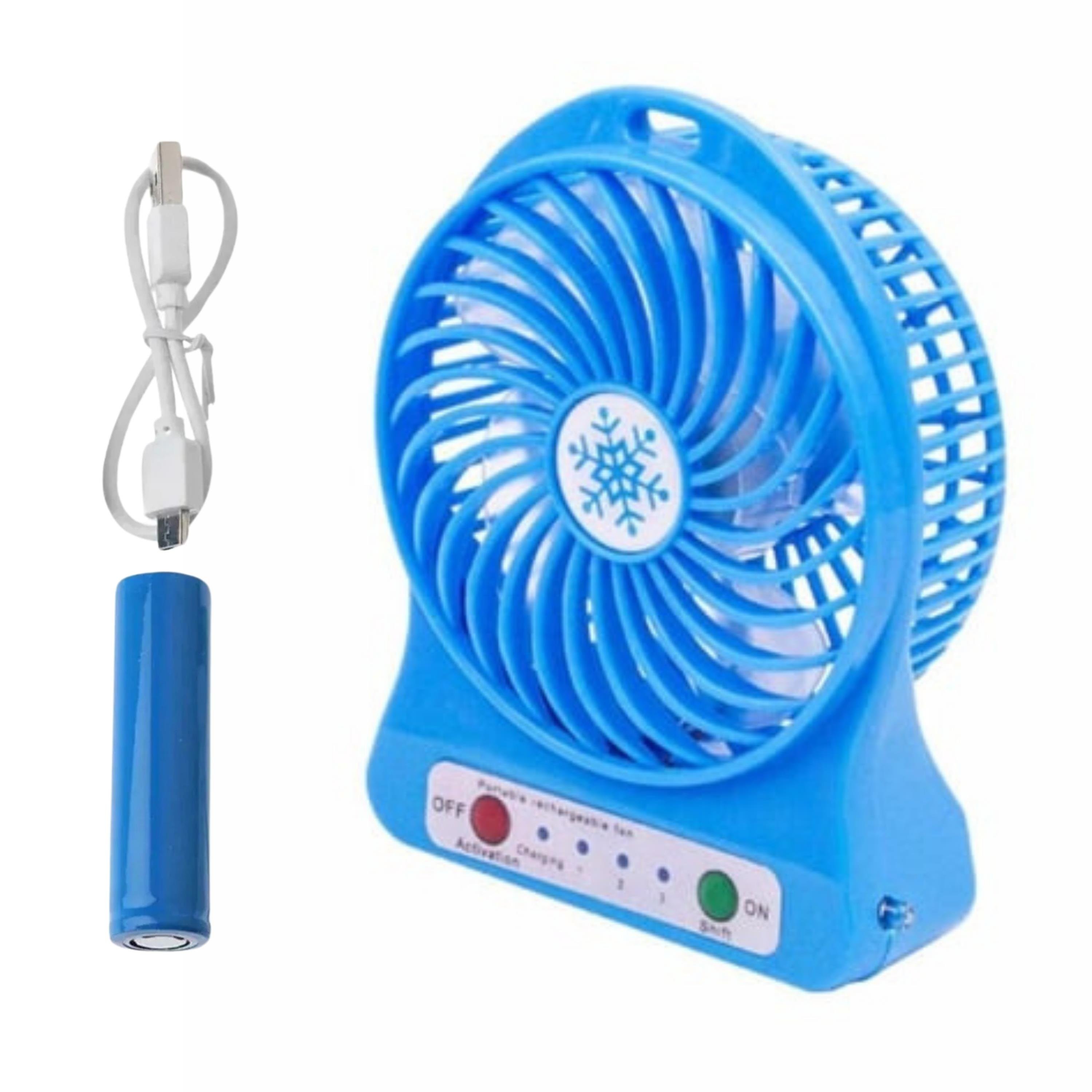 Mavi USB Şarjlı Taşınabilir Mini Masaüstü Fan 3 Kademeli 4 Kanatlı Fenerli Vantilatör