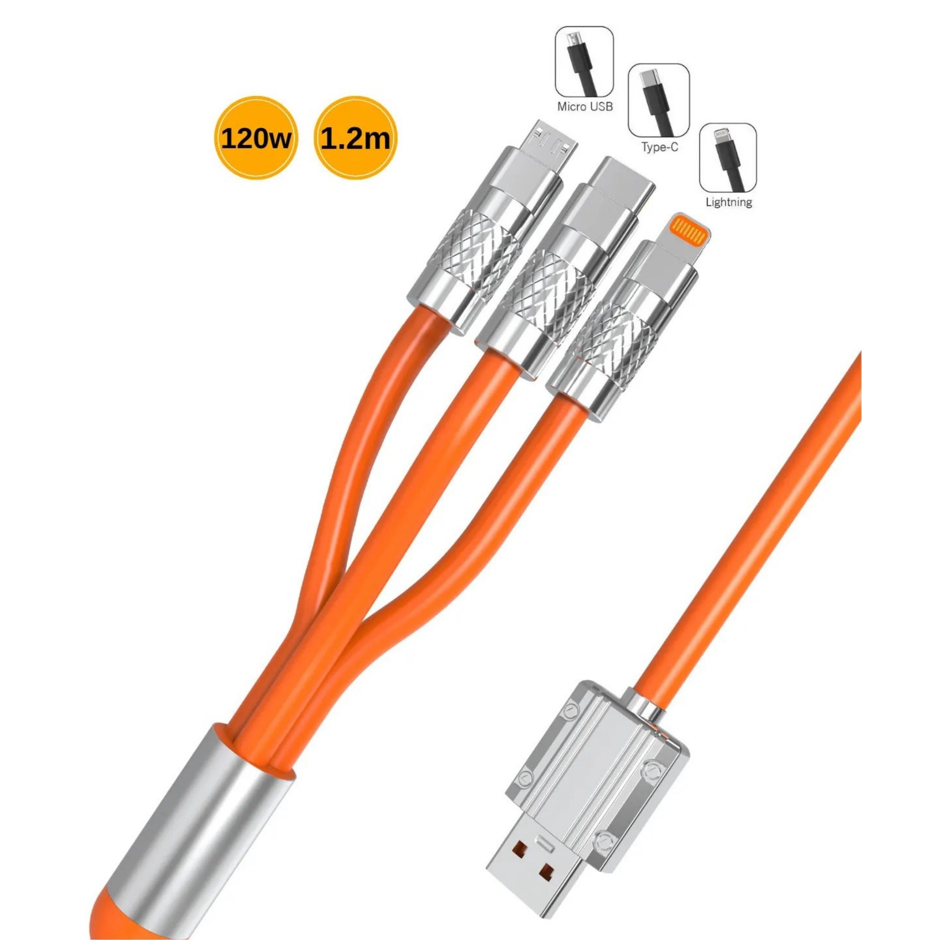 3 İn 1 Type-c Micro Usb Lightning 120 Watt Hızlı 6A Şarj Kablosu