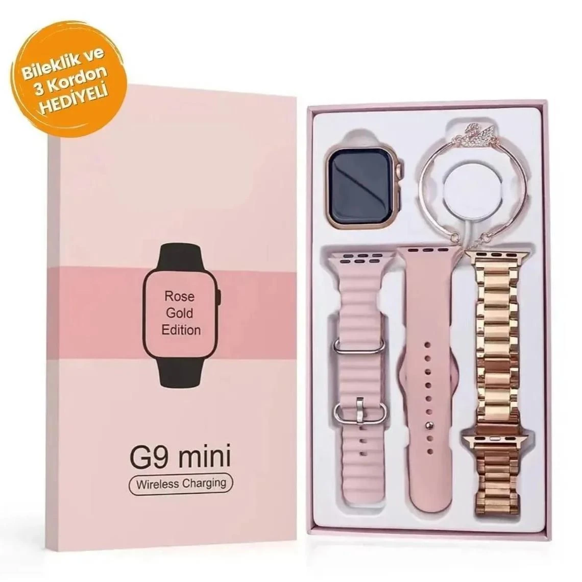 G9 Mini Kadın 3 Kordonlu Rose Gold Akıllı Saat Seti + Bileklik Hediyeli