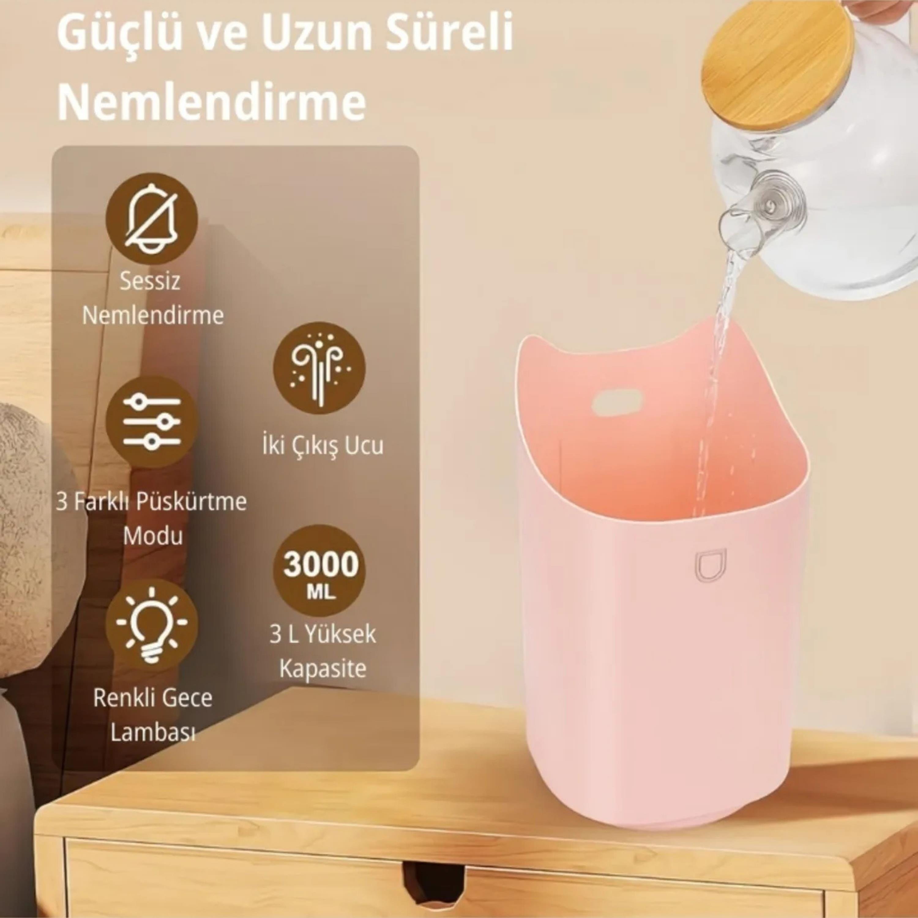 Pembe Humıdıfıer Hava Nemlendirici Büyük Kapasiteli 3000ml Ultrasonik Aroma Difüzörü