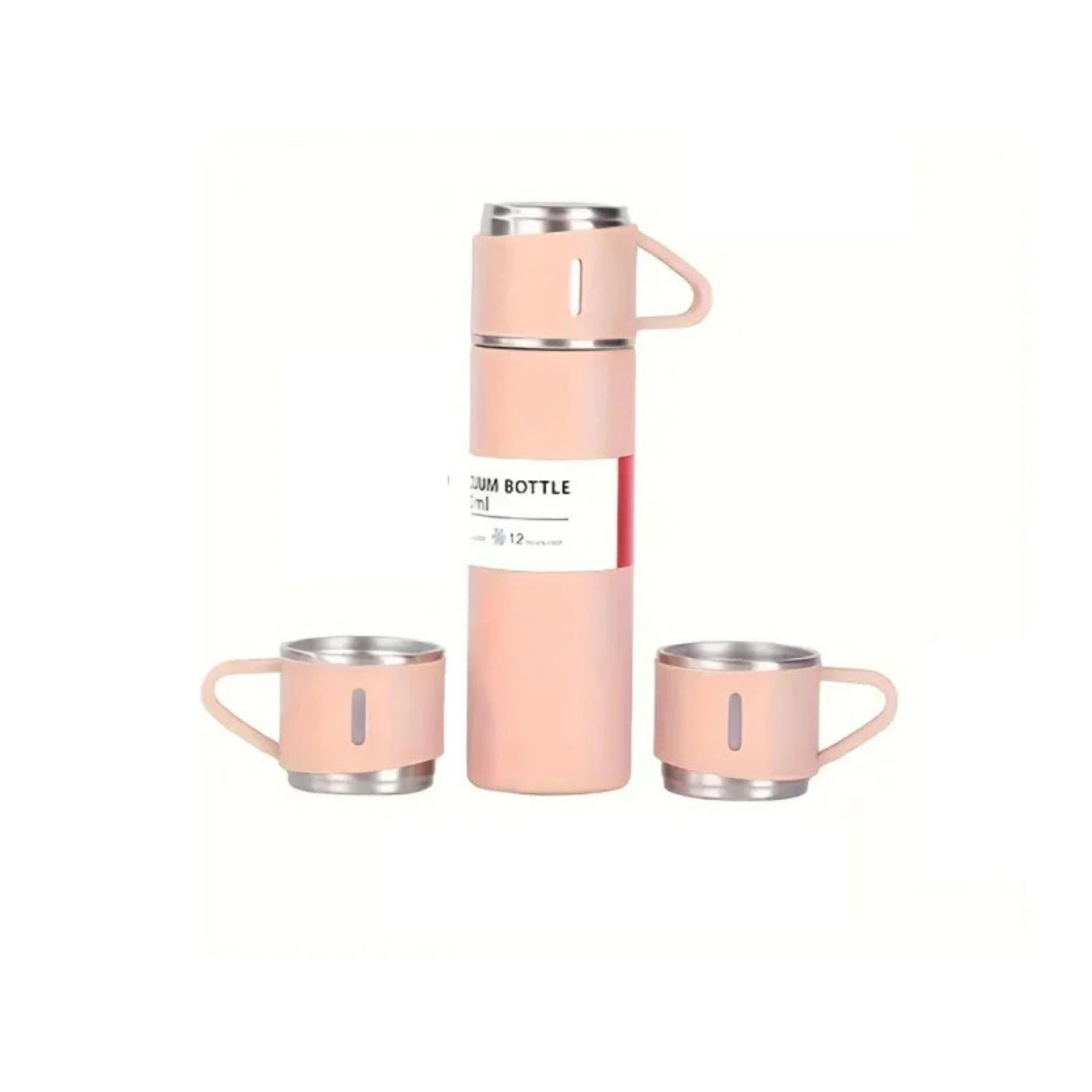 Pembe 3 Bardaklı Paslanmaz Çelik Termos