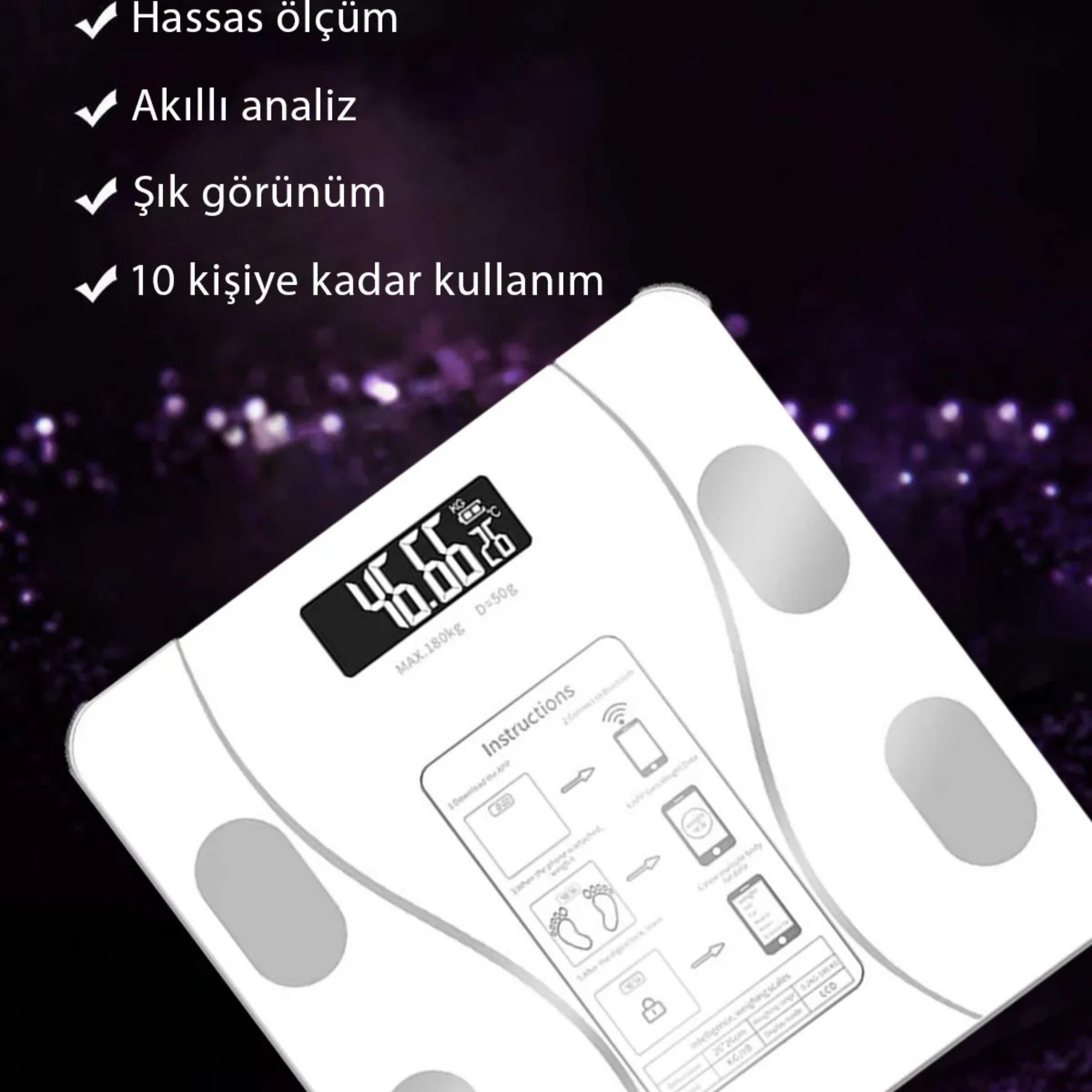 Beyaz TF-1072 Dijital Baskül Tartı Bluetoothlu Kilo Yağ Su Ölçüm Cihazı Akıllı Terazi