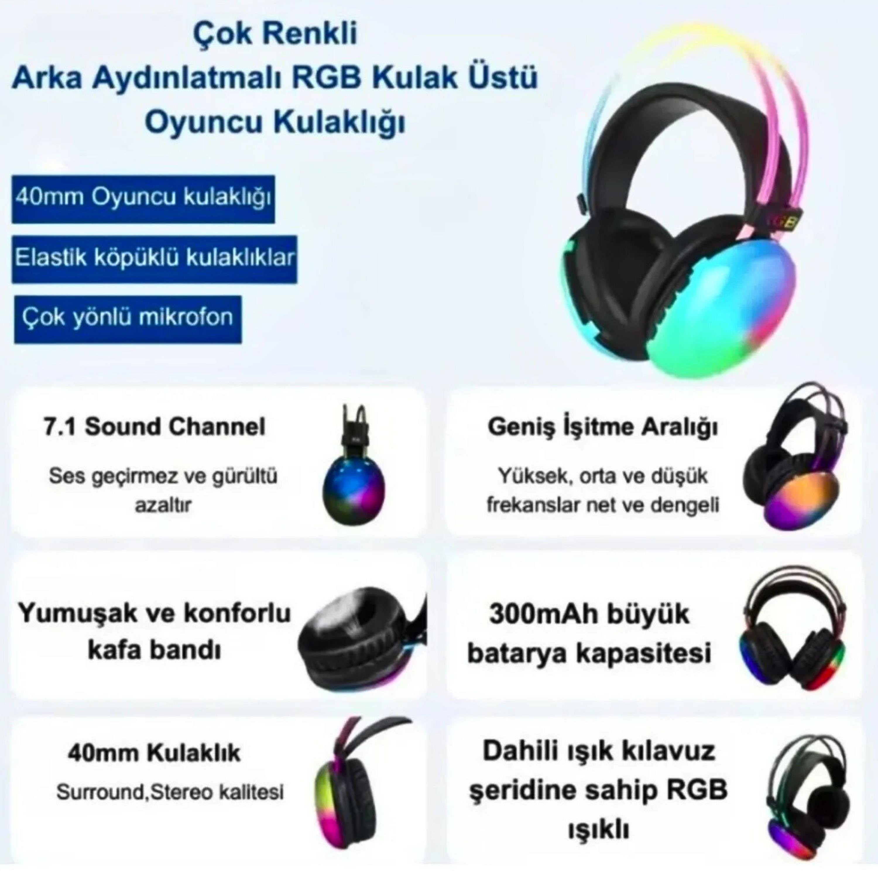 Siyah PG580 Oyuncu Kulaklığı RGB Işıklı Kablosuz Kulak Üstü Bluetooth Kulaklık