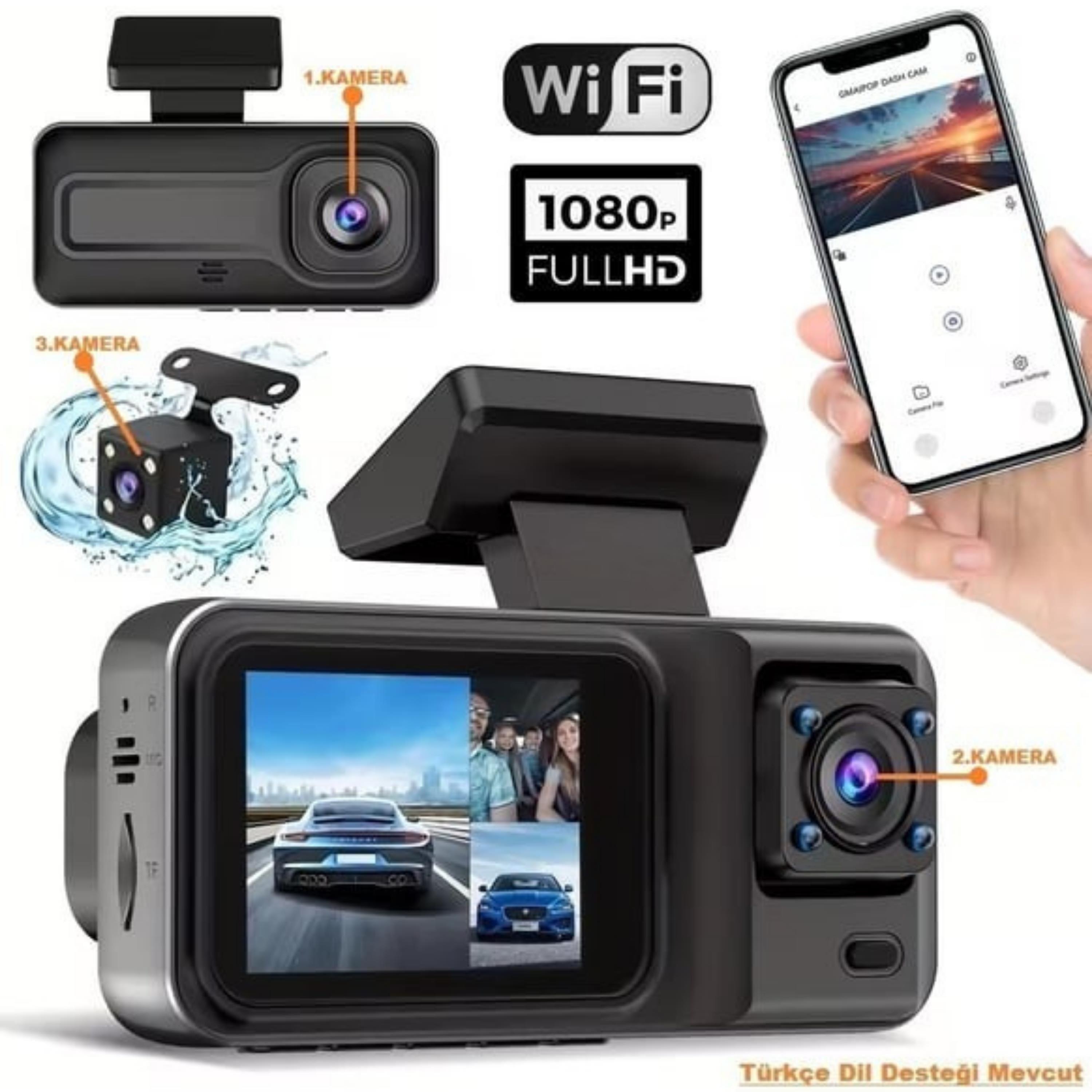 Üç Kameralı (Ön+İç+Arka) Araç içi Kamera Wifi Özellikli 1080P Ultra Hd
