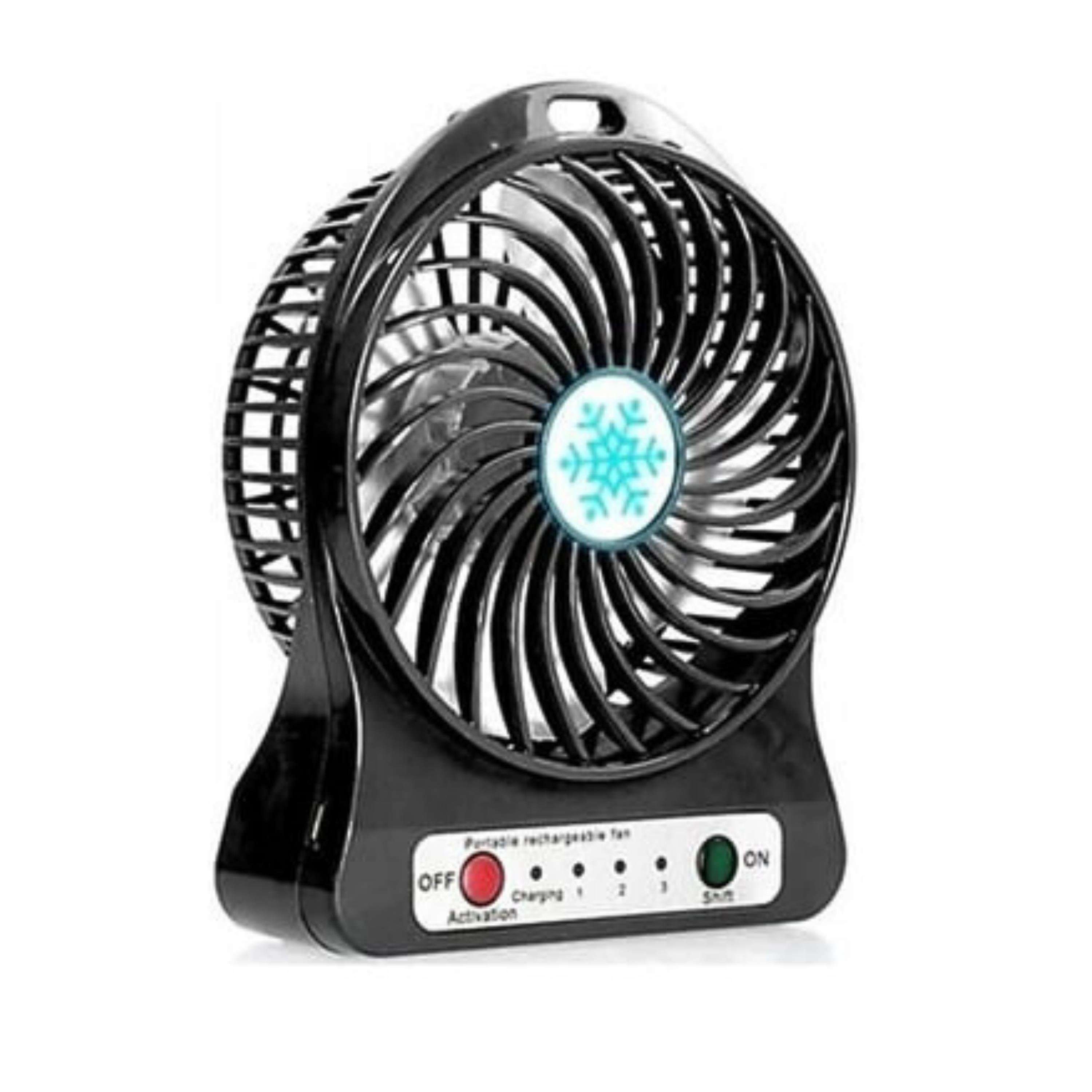 Siyah USB Şarjlı Taşınabilir Mini Masaüstü Fan 3 Kademeli 4 Kanatlı Fenerli Vantilatör