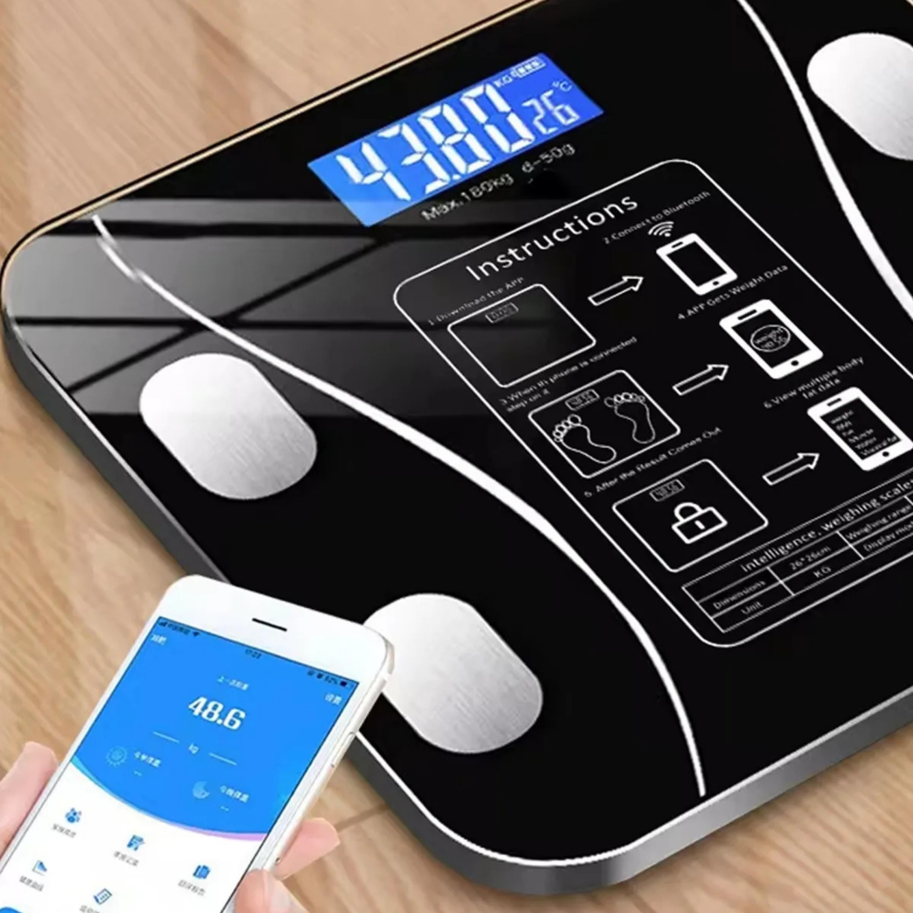 Siyah TF-1072 Dijital Baskül Tartı Bluetoothlu Kilo Yağ Su Ölçüm Cihazı Akıllı Terazi