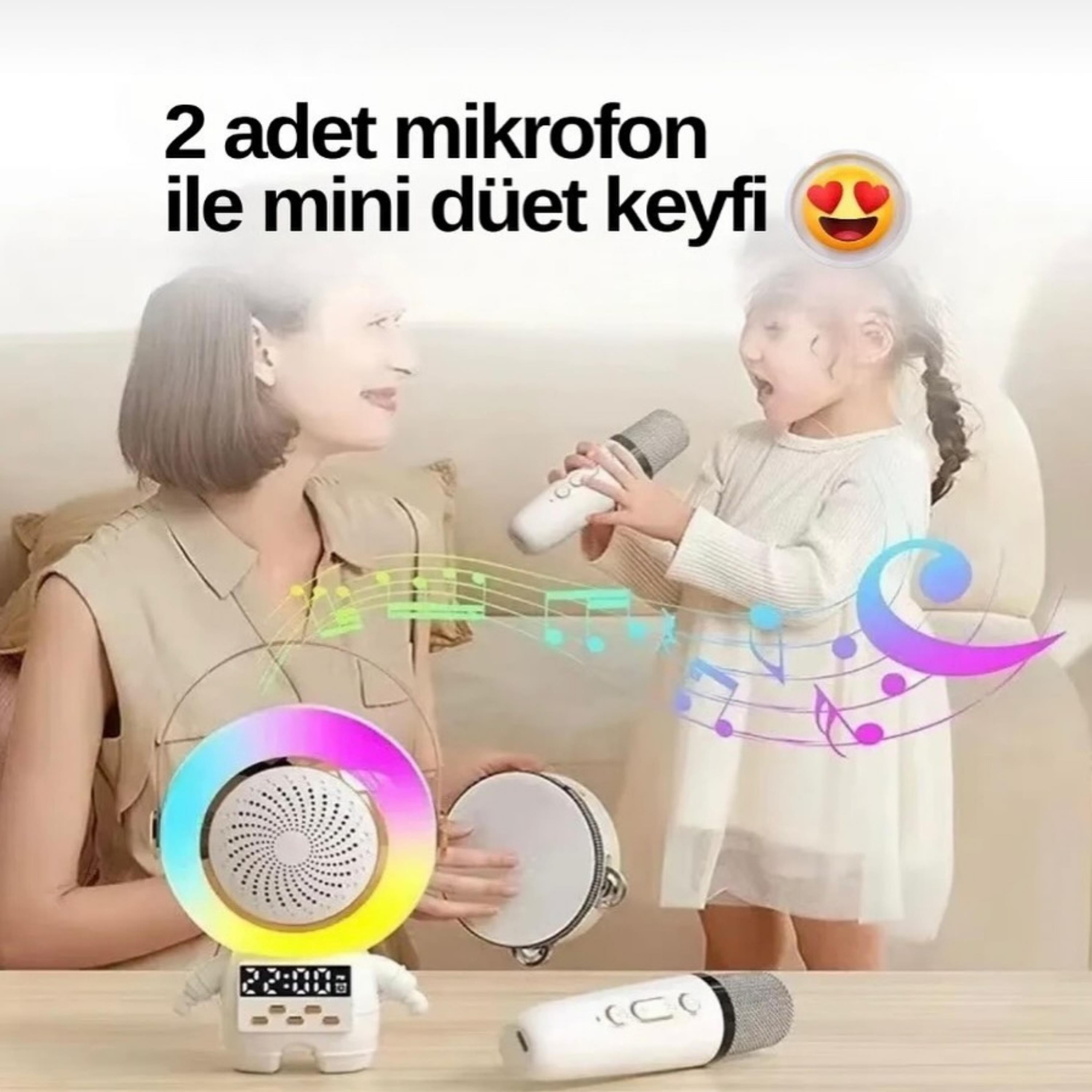 XMX66 Çift Mikrofonlu Işıklı Astronot Bluetooth Hoparlör Karaoke Hoparlör