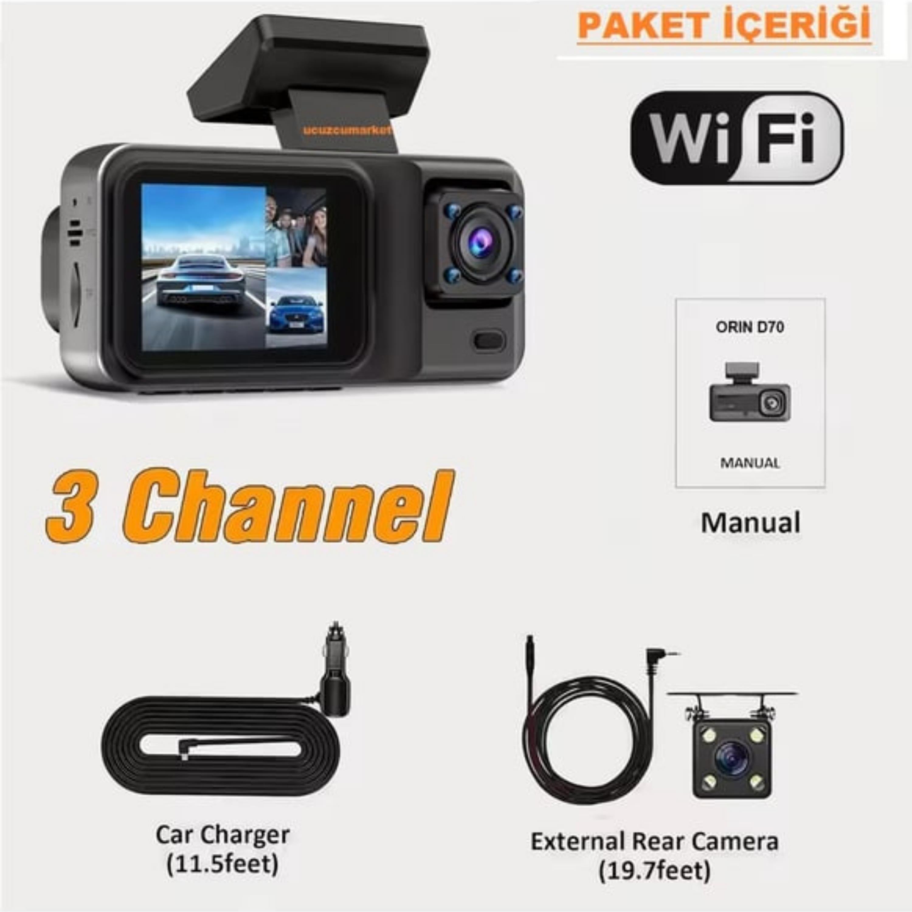 Üç Kameralı (Ön+İç+Arka) Araç içi Kamera Wifi Özellikli 1080P Ultra Hd