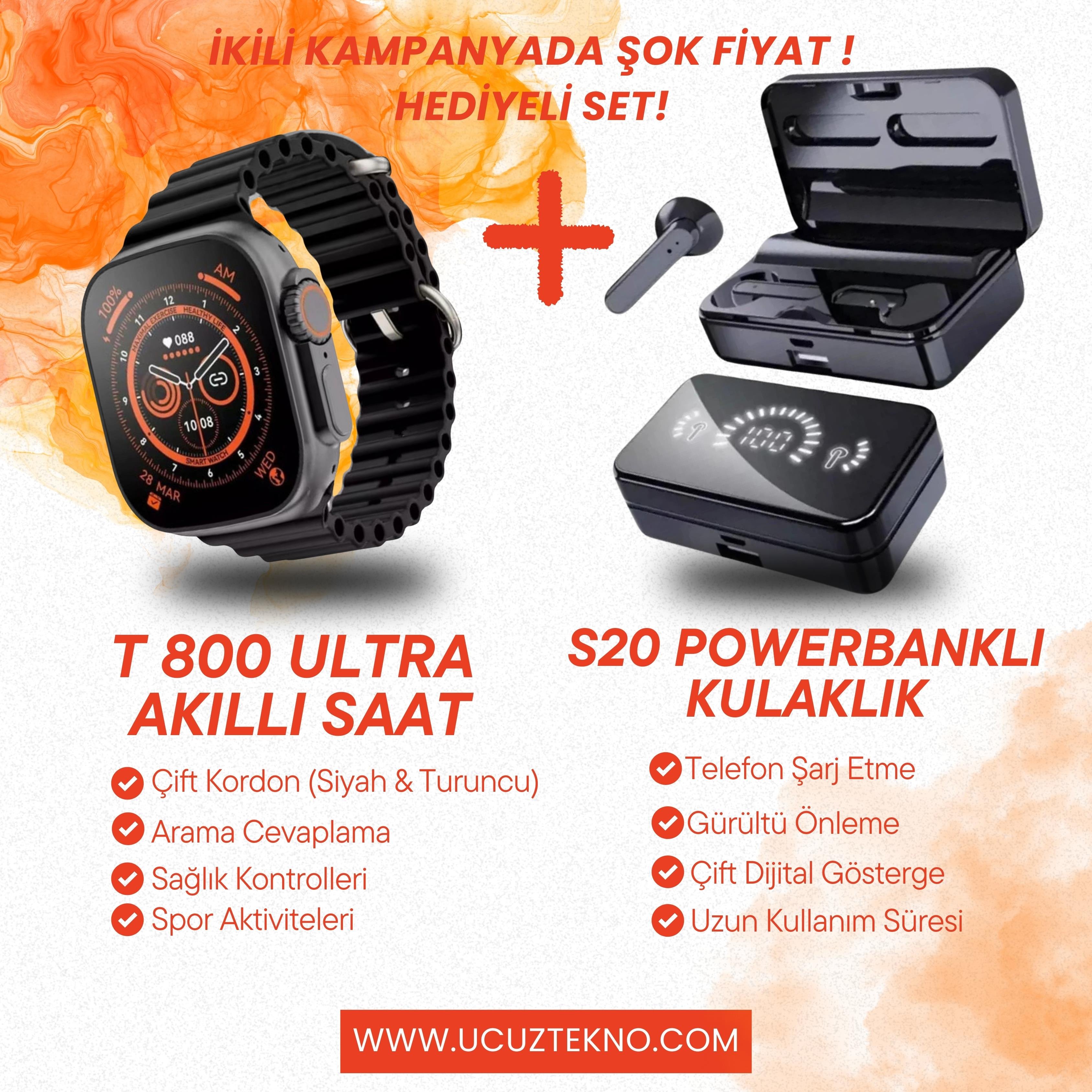 S20 Powerbankli Aynalı Kulak İçi Bluetooth Kulaklık & T800 Ultra 2 Çift Kordonlu  Akıllı Saat