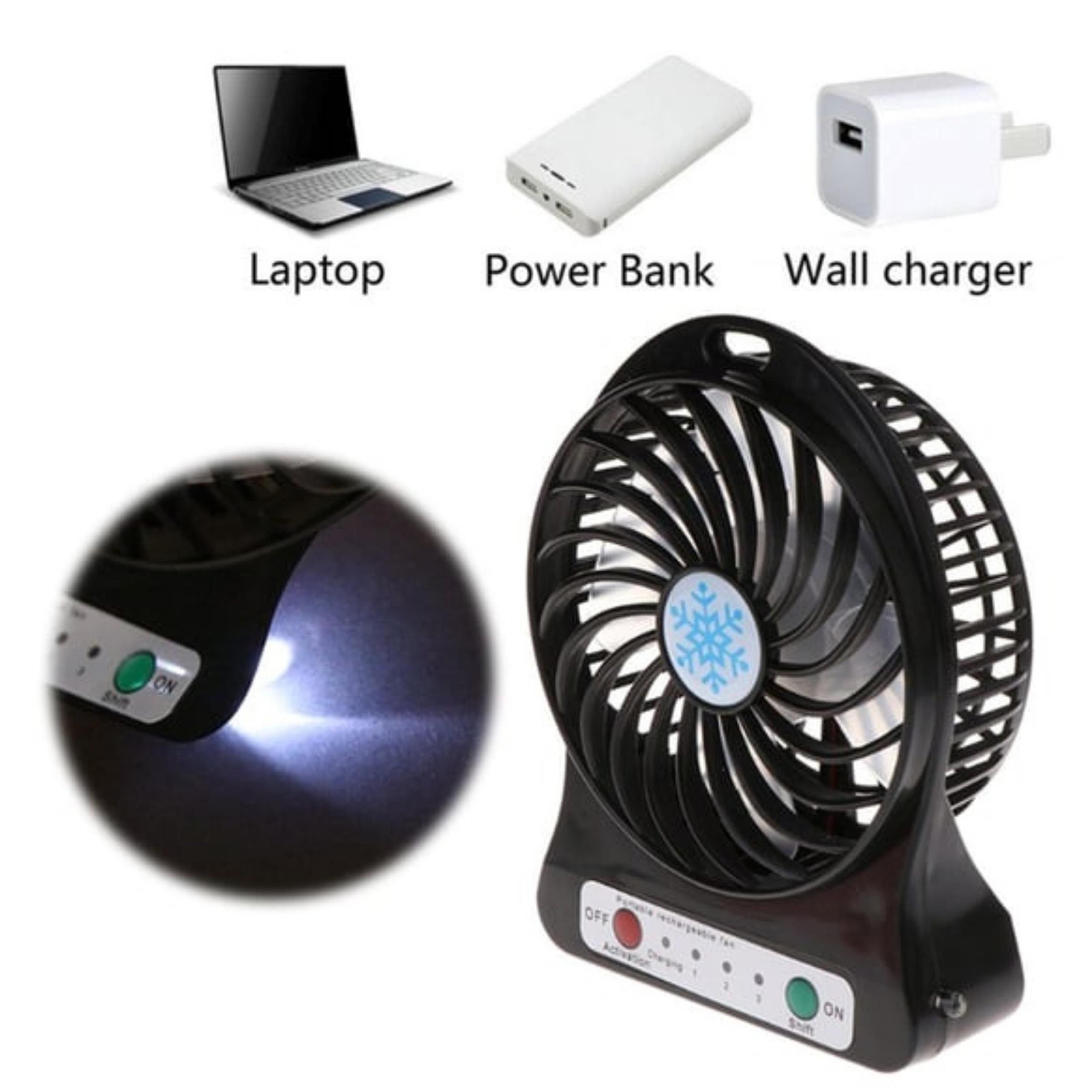 Siyah USB Şarjlı Taşınabilir Mini Masaüstü Fan 3 Kademeli 4 Kanatlı Fenerli Vantilatör