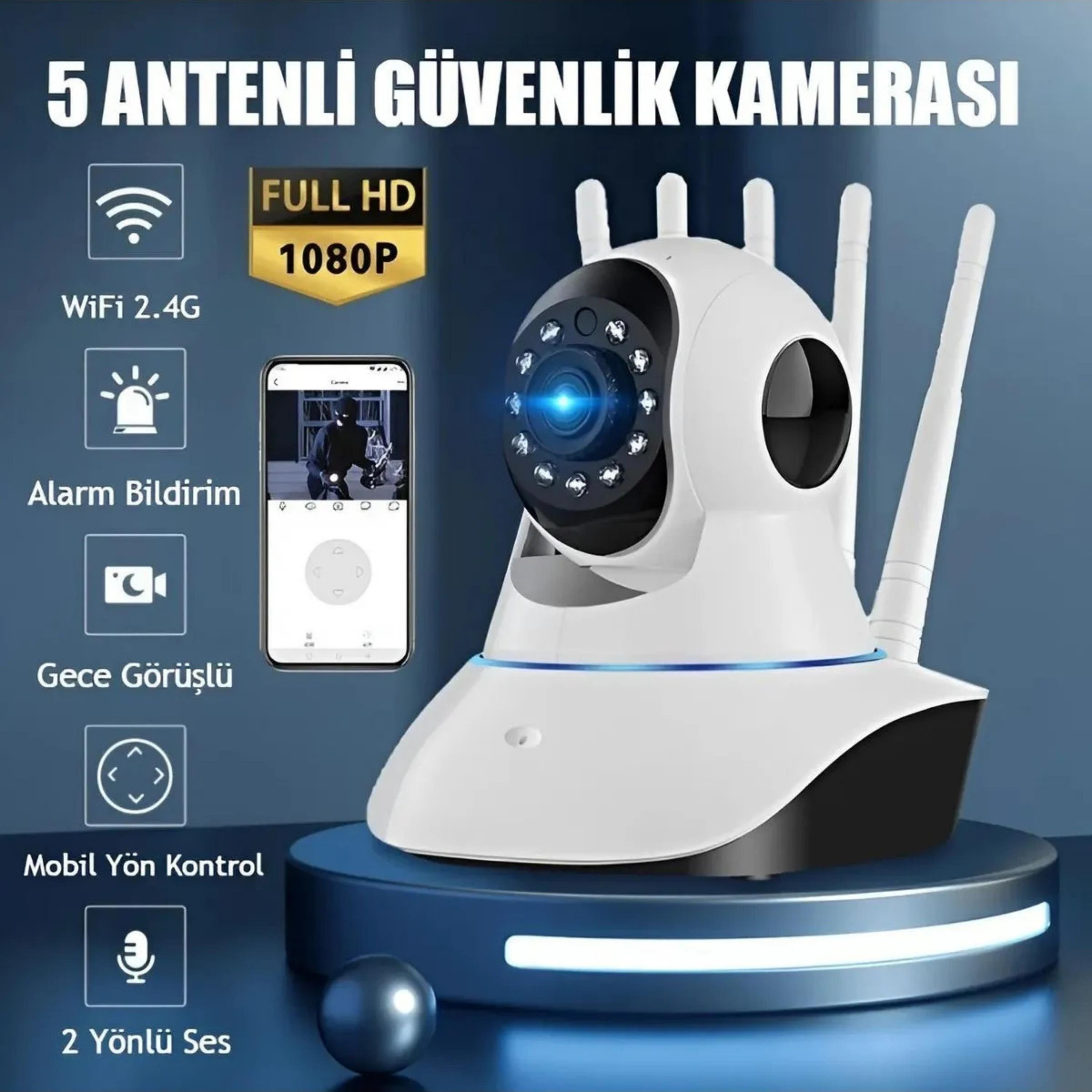 360º Hd Wifi Kablosuz 5 Antenli Ip Bebek ve Güvenlik Kamerası Gece Görüşlü