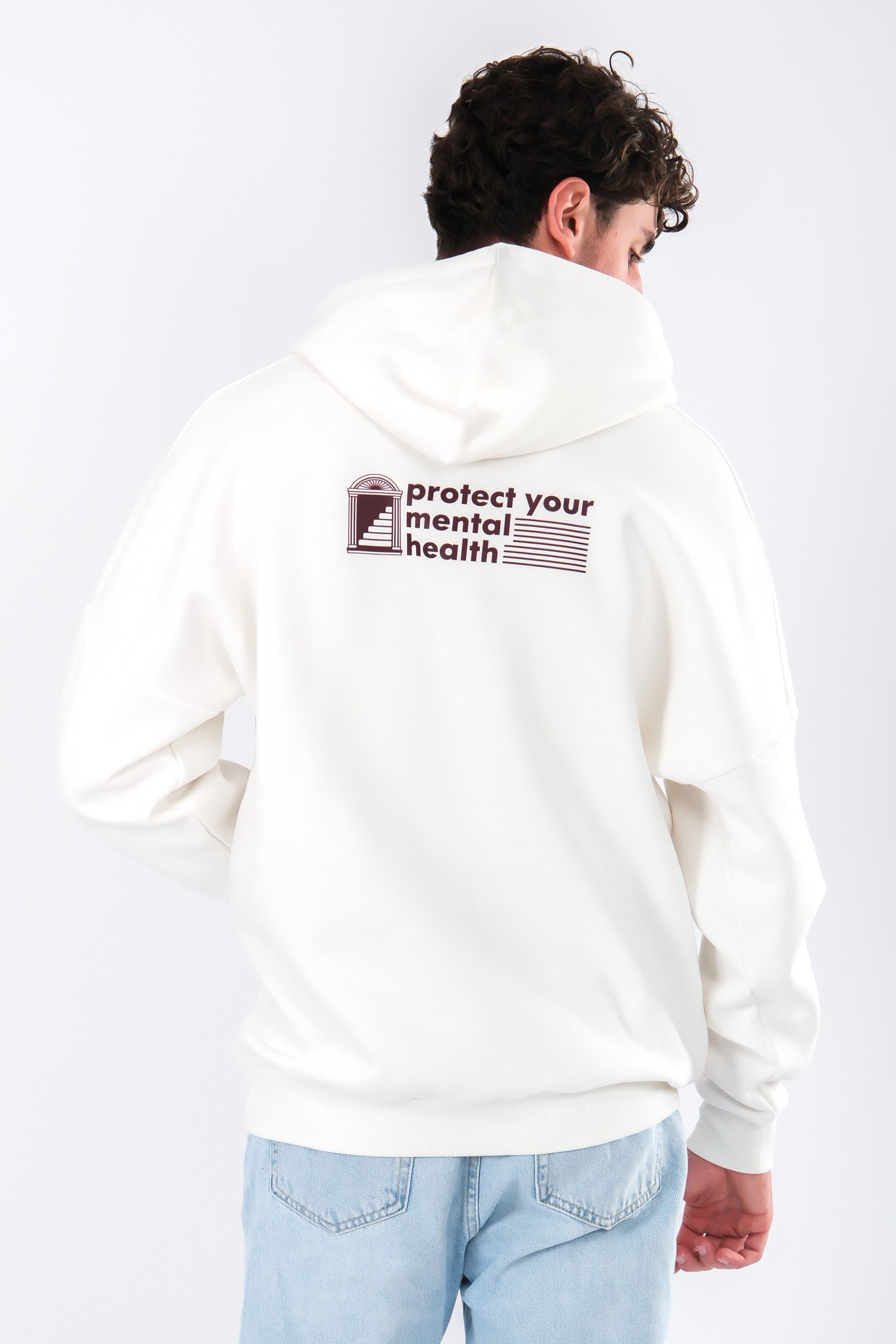 Protect Your Mental Health Oversize Fit Hoodie Erkek - Ekru C107