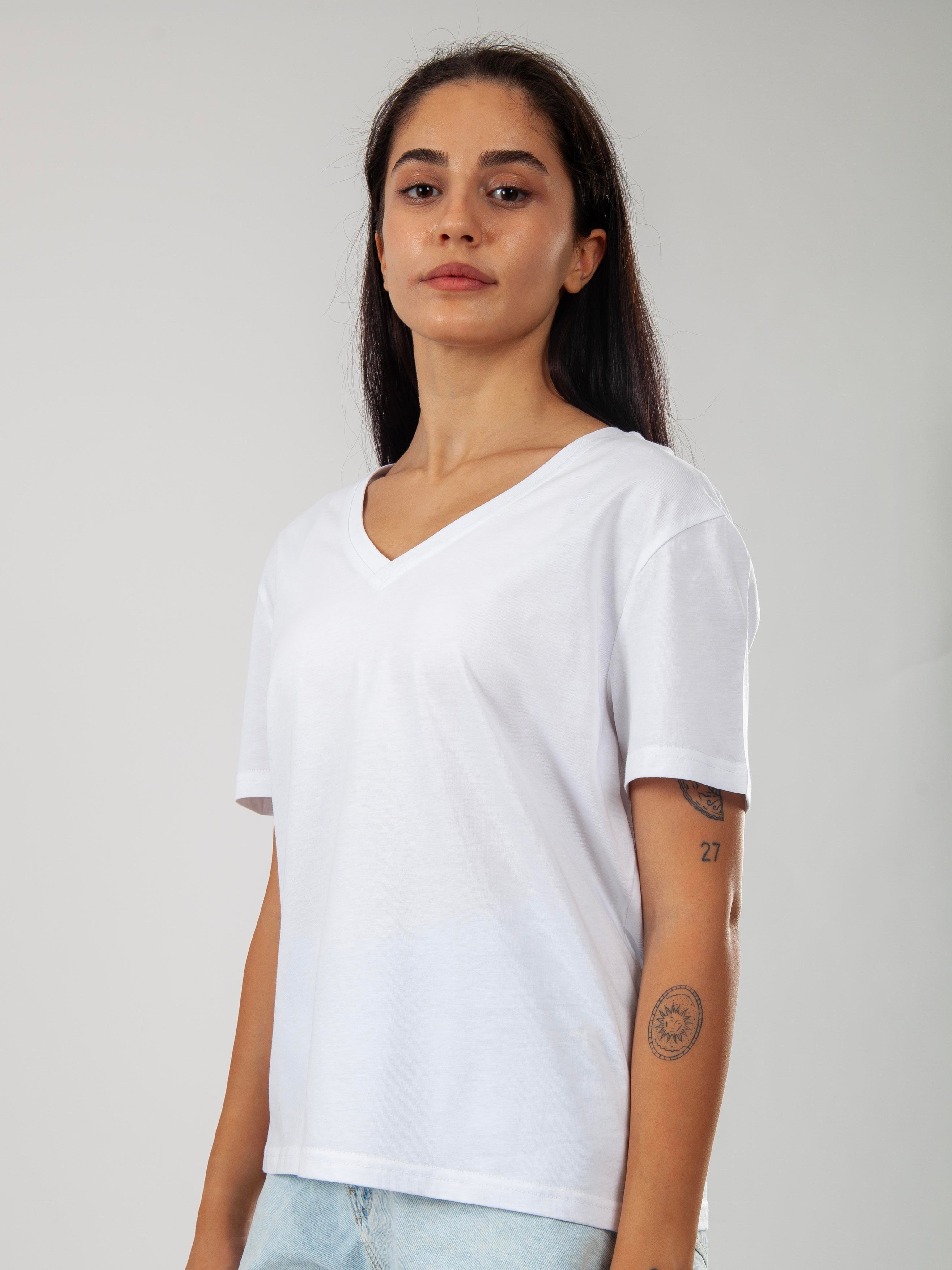 Basic V Yaka T-Shirt Kadın - Beyaz C510