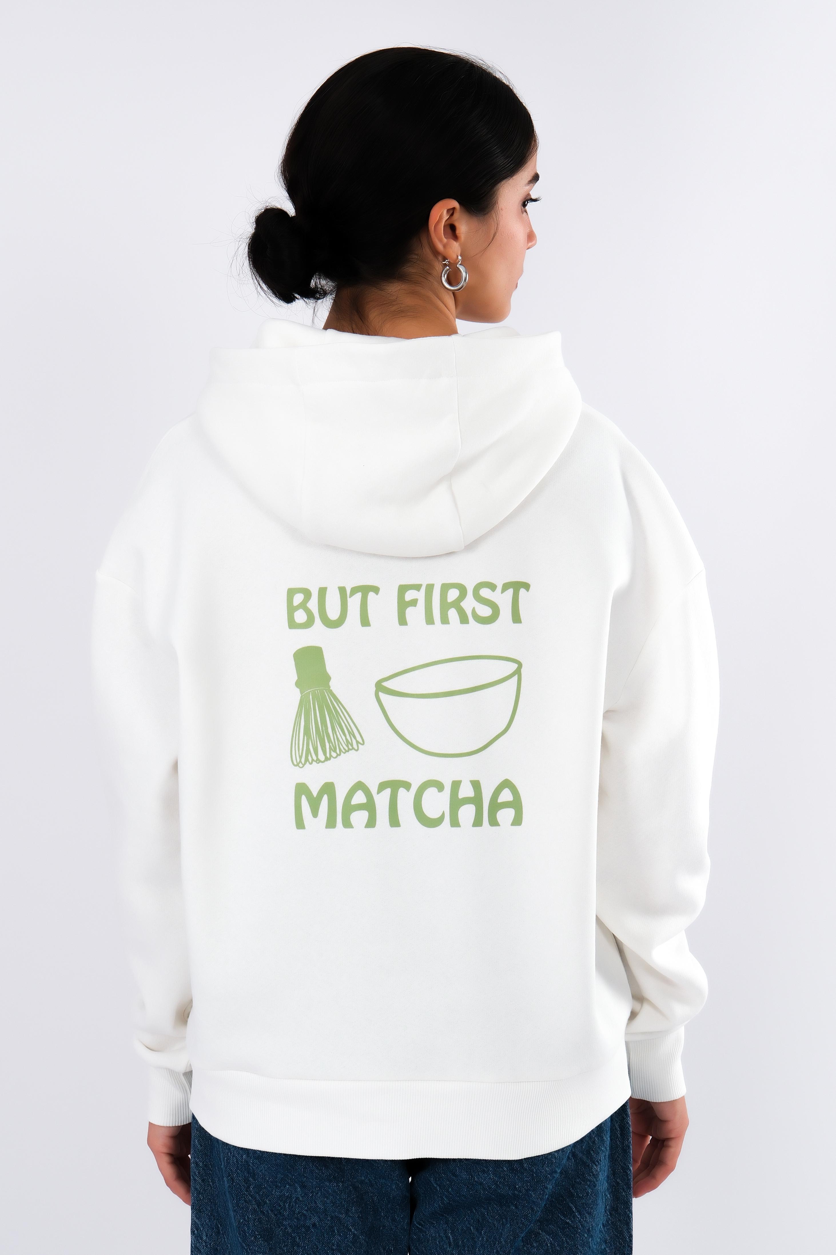 But First Matcha Relaxed Fit Hoodie Kadın - Ekru C503