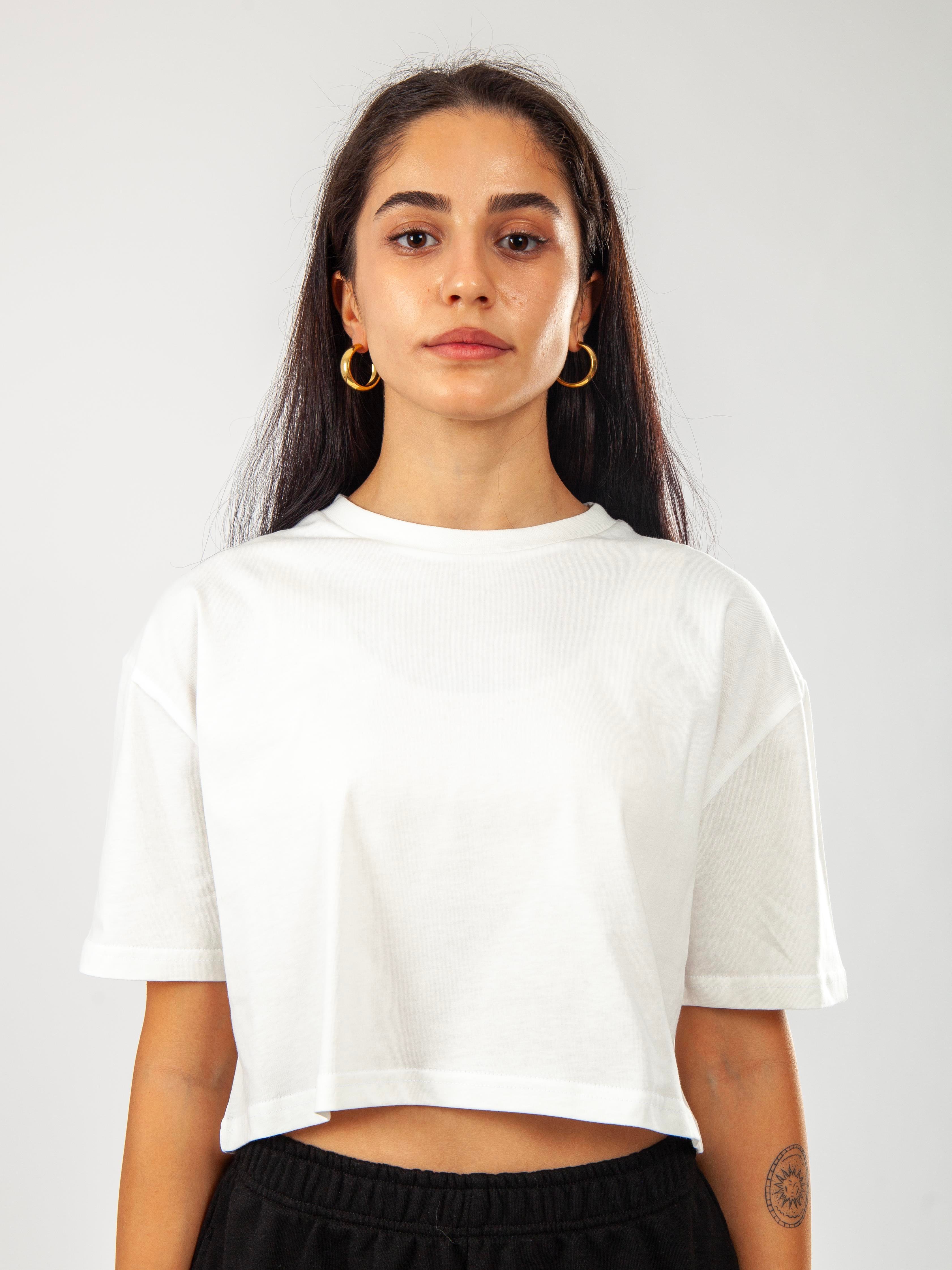 Oversize Kadın Crop T-Shirt Ekru C509