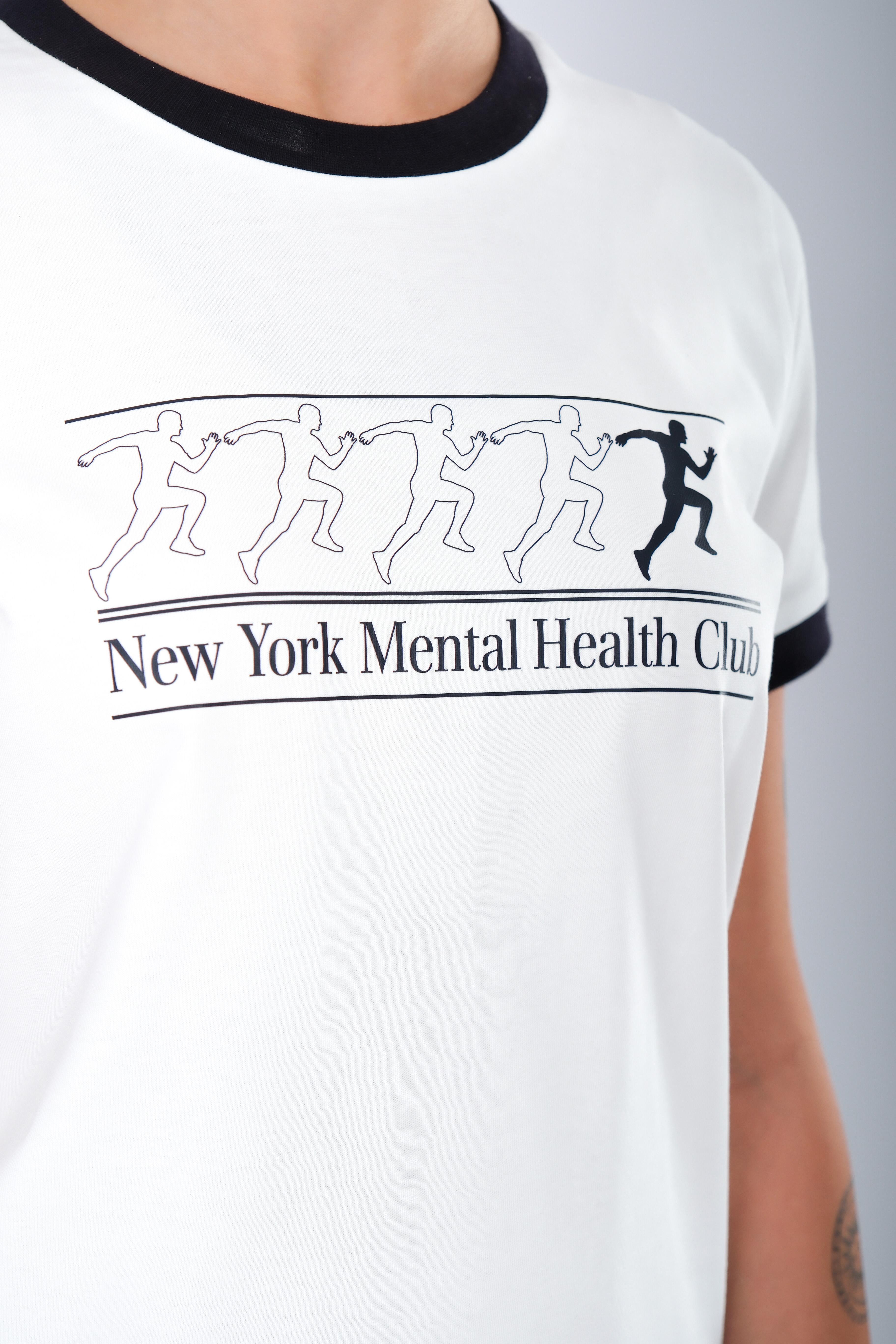 Regular Fit Lacivert Kontrast Ribanalı Ekru T-Shirt Kadın - NEW YORK MENTAL HEALTH CLUB C502