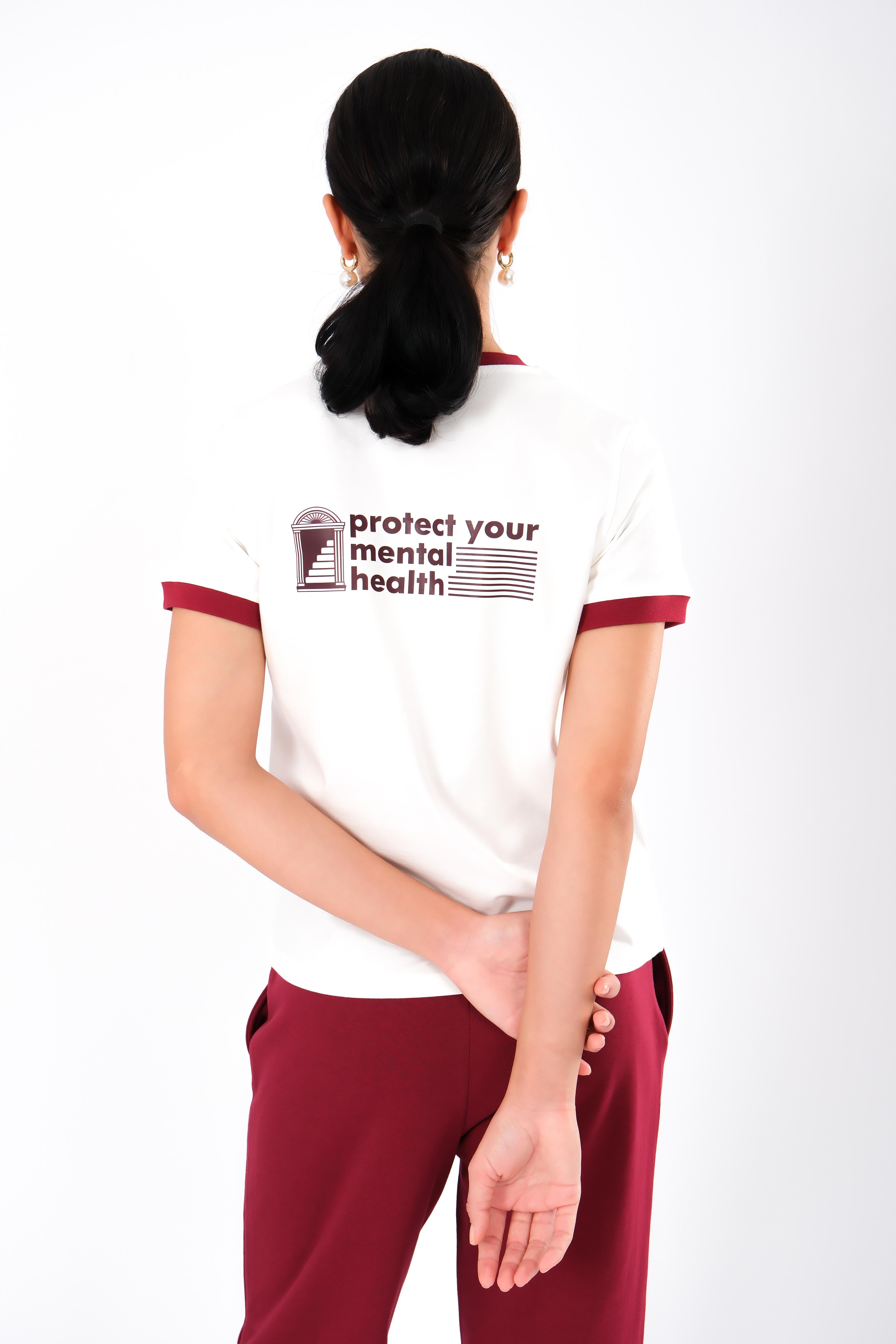 Regular Fit Bordo Kontrast Ribanalı Ekru T-Shirt Kadın - PROTECT YOUR MENTAL C502