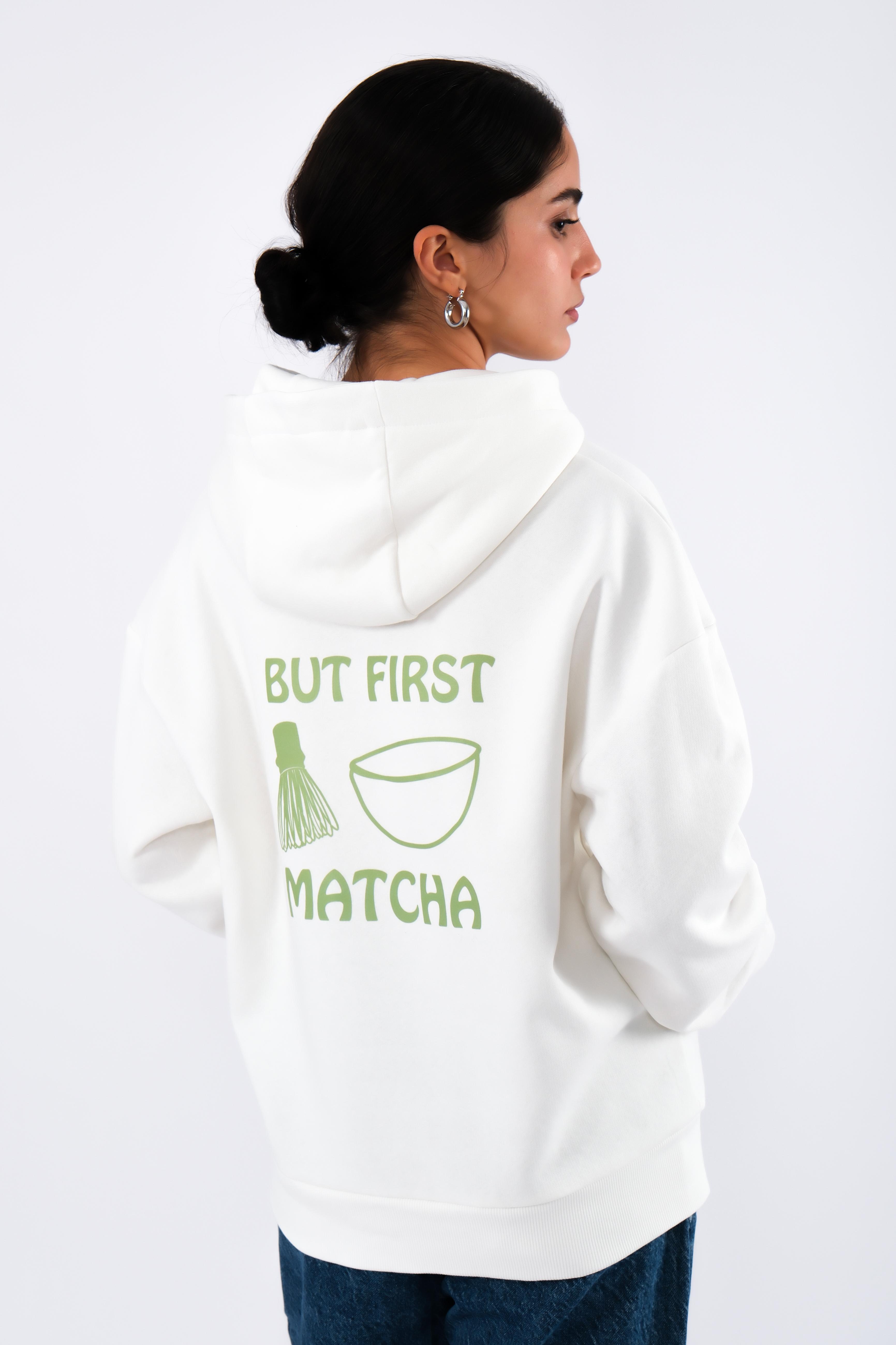 But First Matcha Relaxed Fit Hoodie Kadın - Ekru C503