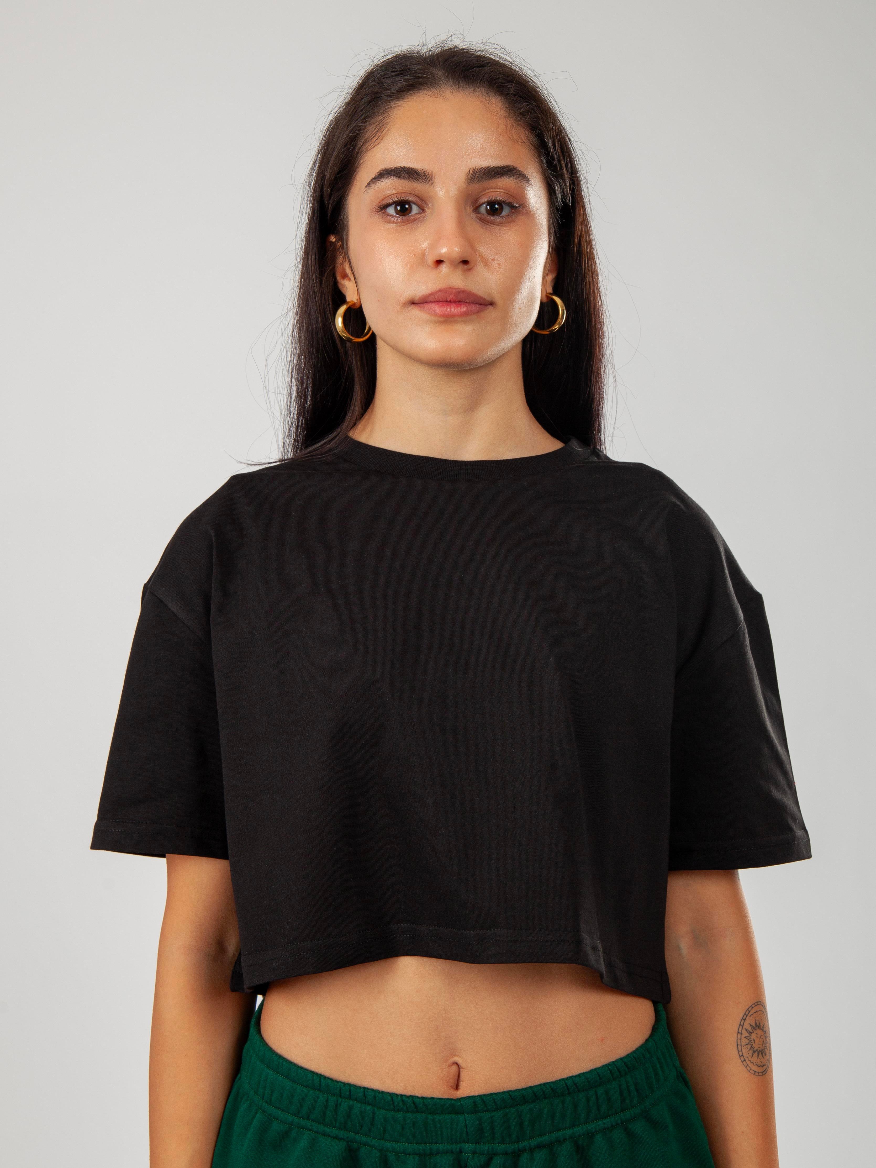 Oversize Kadın Crop T-Shirt Siyah C509