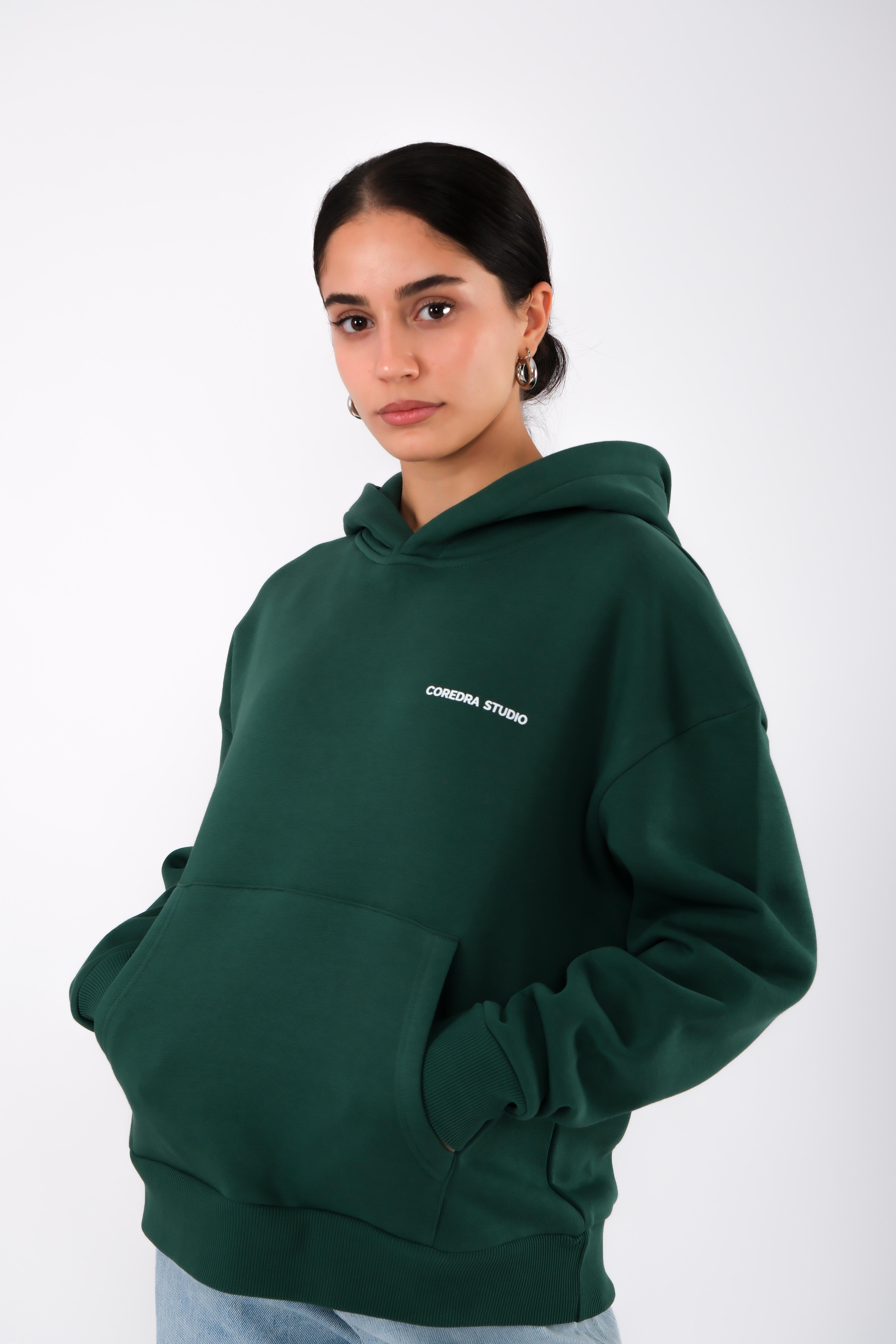 Coredra Studio Yeşil  - Relaxed Fit Hoodie Kadın C503