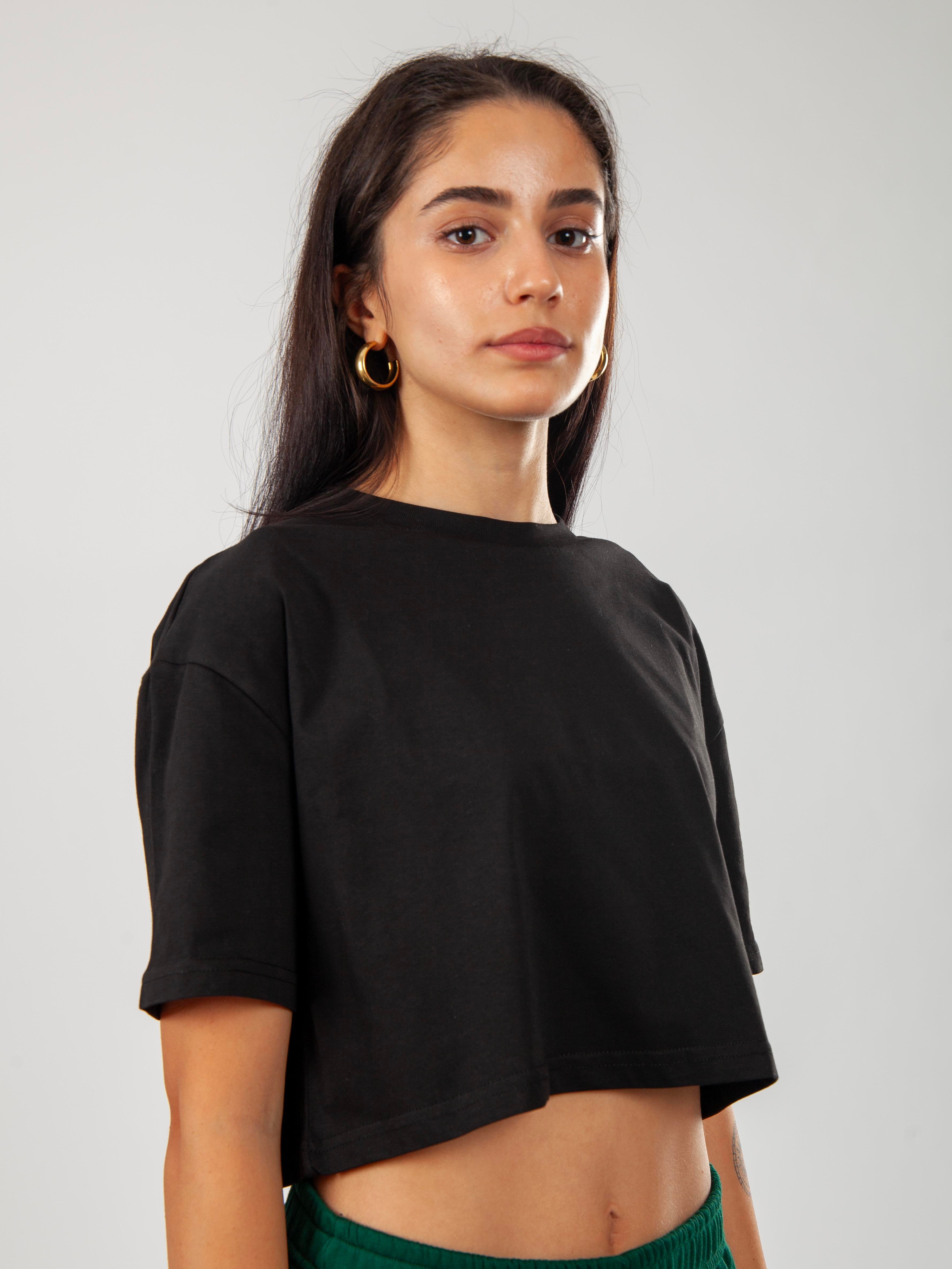 Oversize Kadın Crop T-Shirt Siyah C509