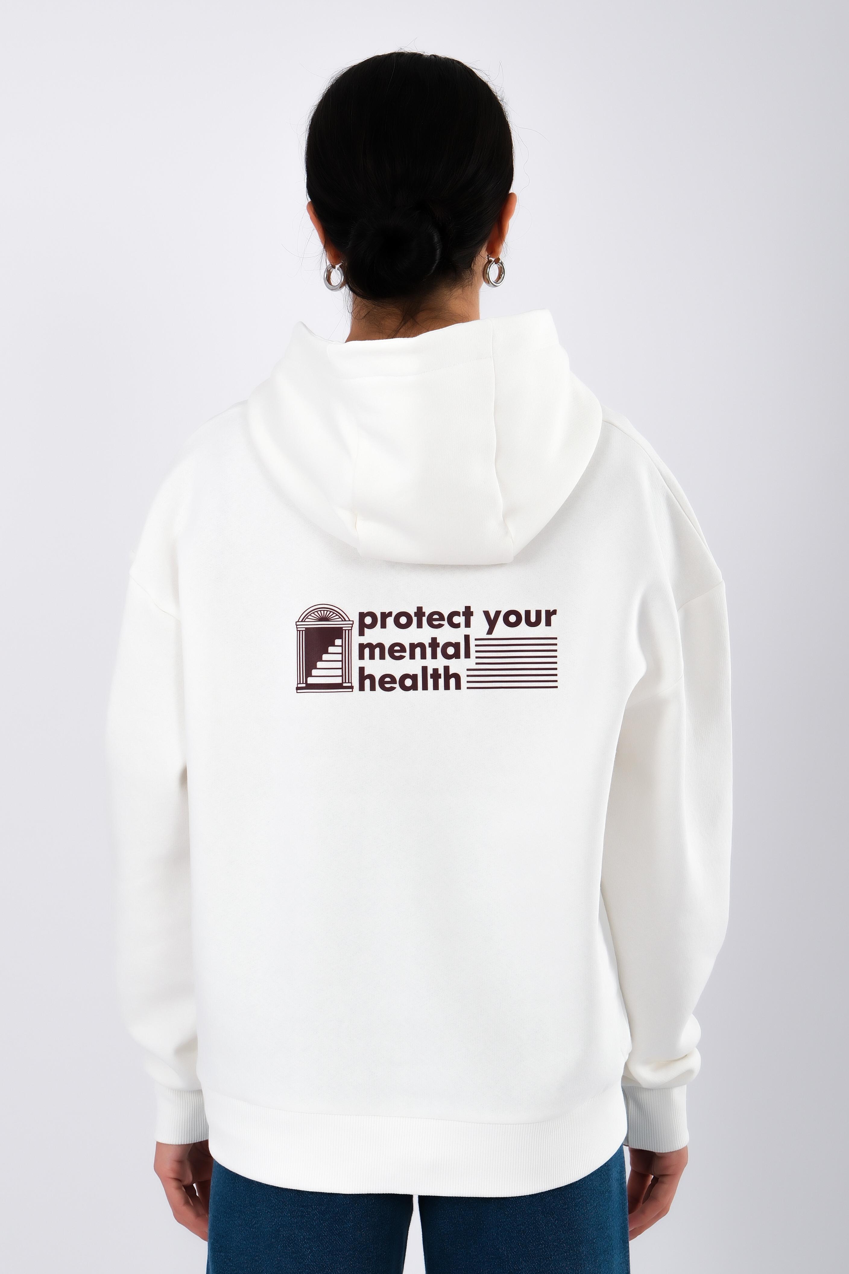 Protect Your Mental Health Relaxed Fit Hoodie Kadın - Ekru C503