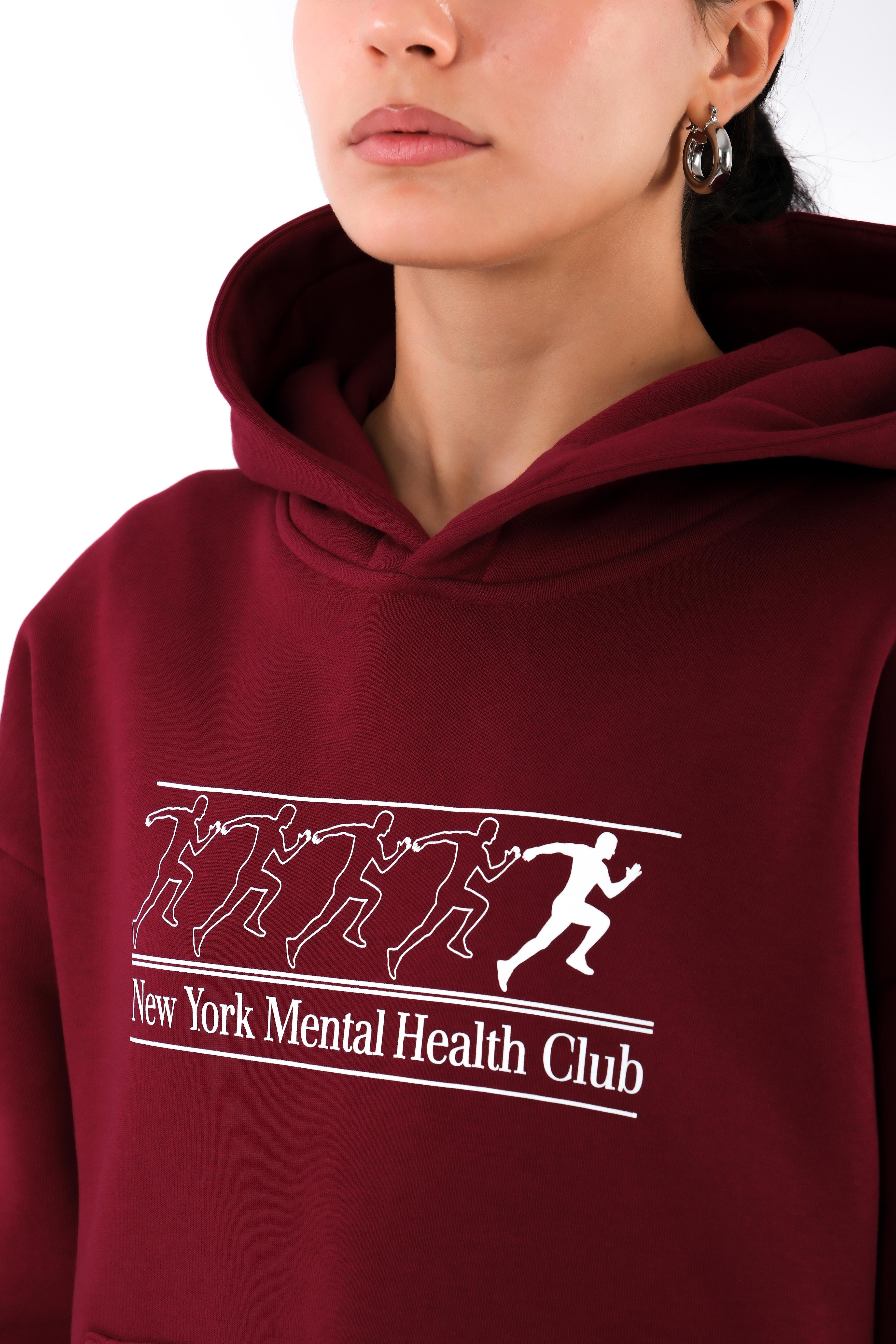 New York Mental Health Club Relaxed Fit Hoodie Kadın - Bordo C503