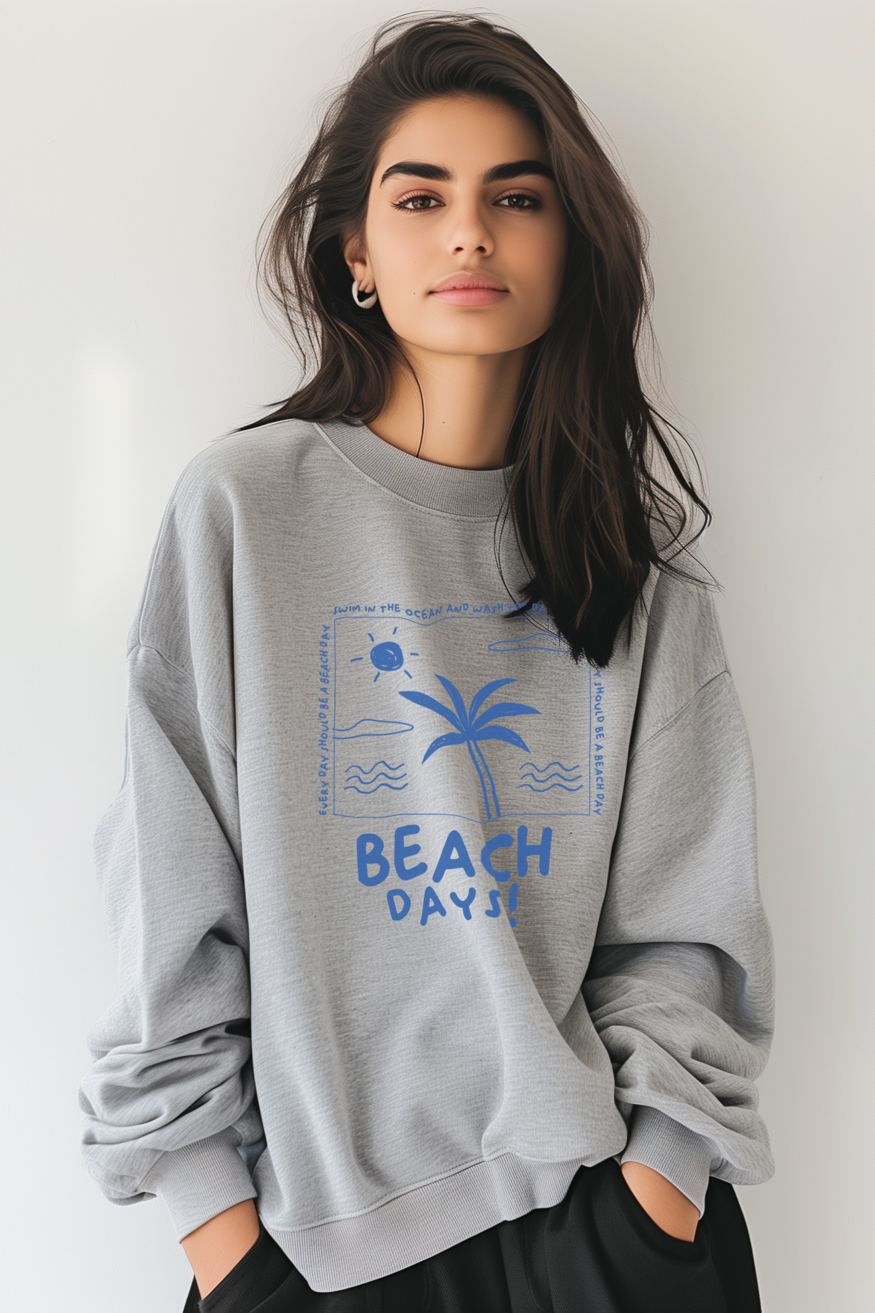 Beach Days Oversize Sweatshirt Kadın - Gri C106