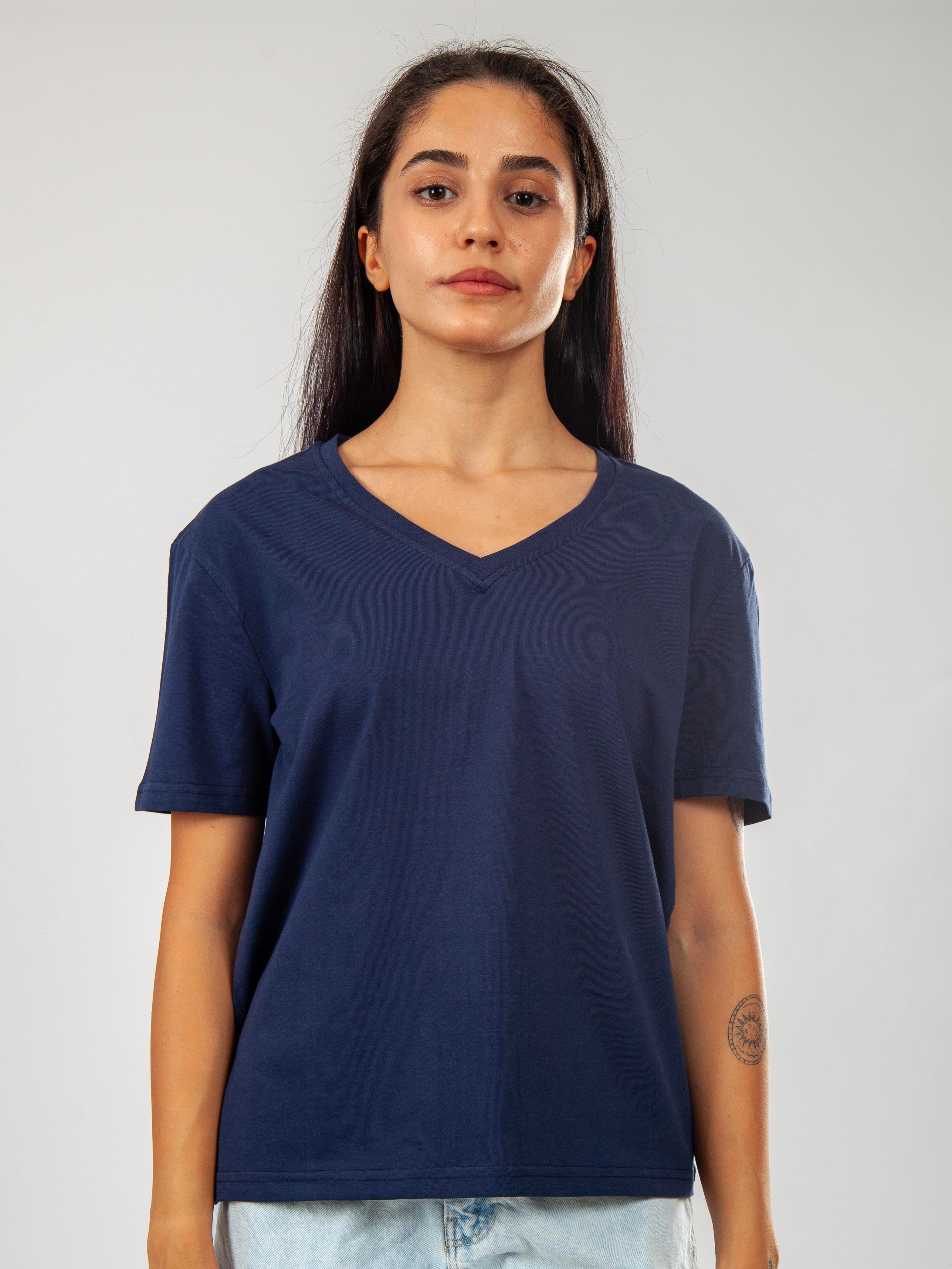 Basic V Yaka T-Shirt Kadın - Lacivert C510