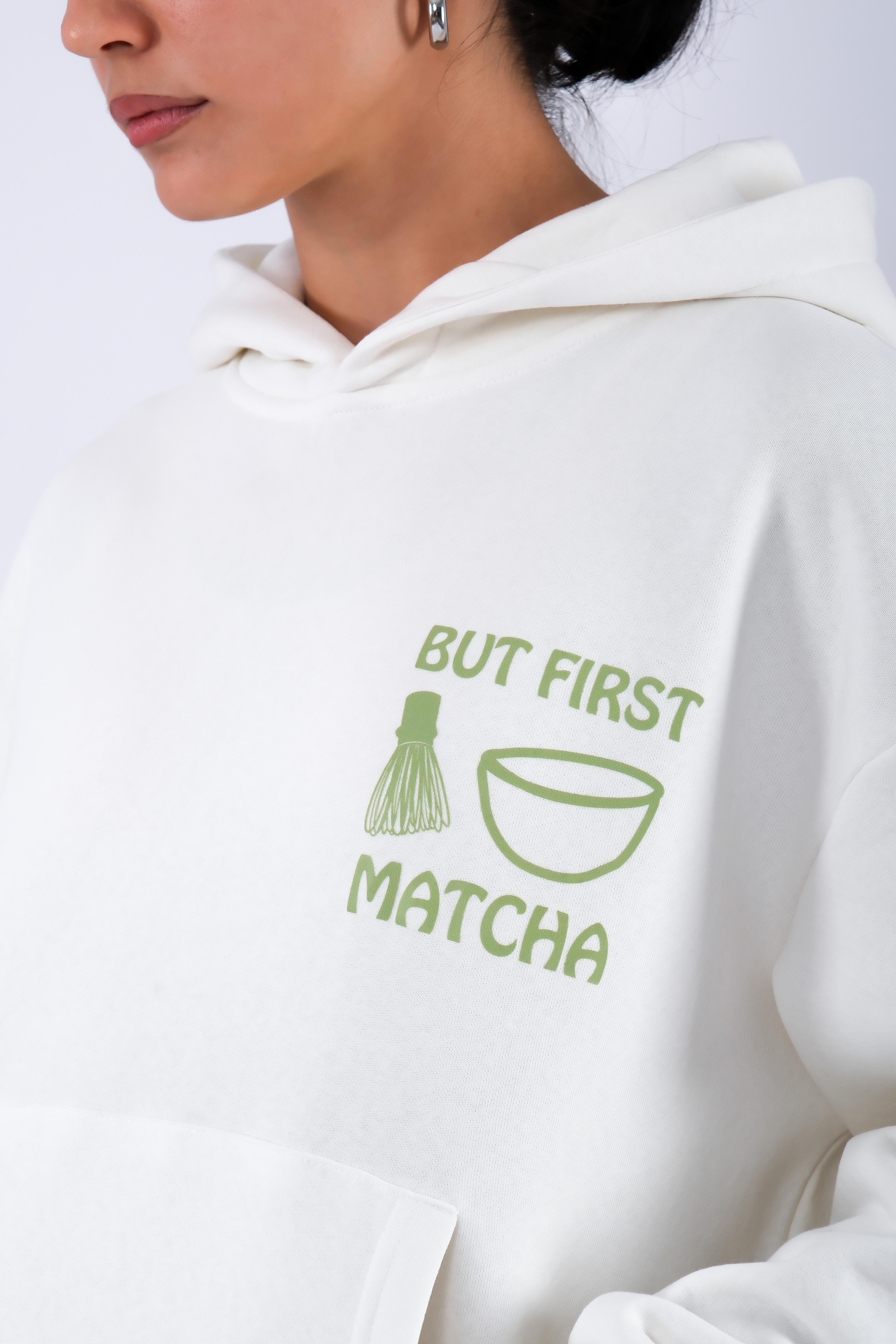 But First Matcha Relaxed Fit Hoodie Kadın - Ekru C503