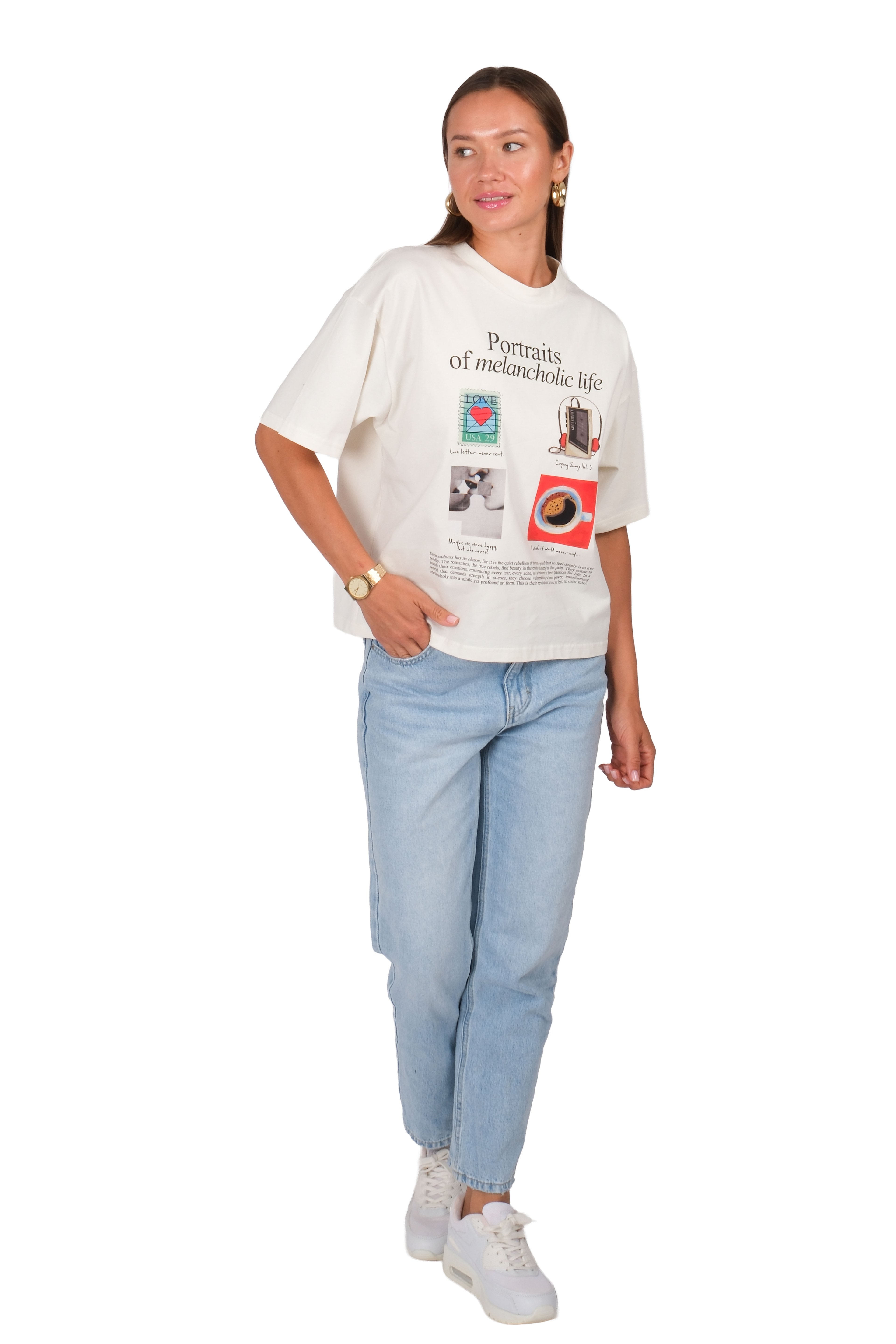Melancholic Life Boxed Fit Kadın T-Shirt Ekru C590