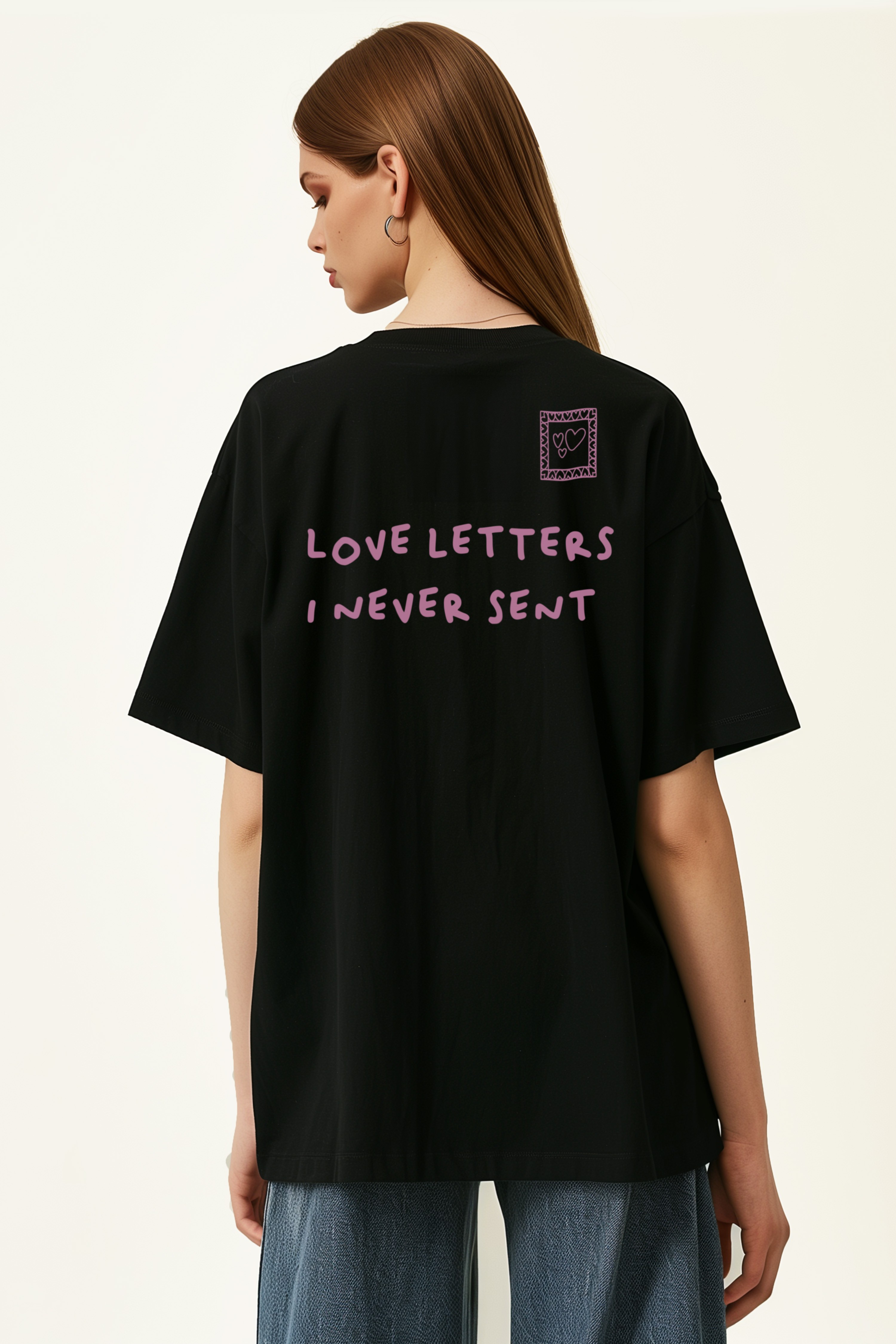 Love Letters Oversize T-Shirt Kadın - Siyah
