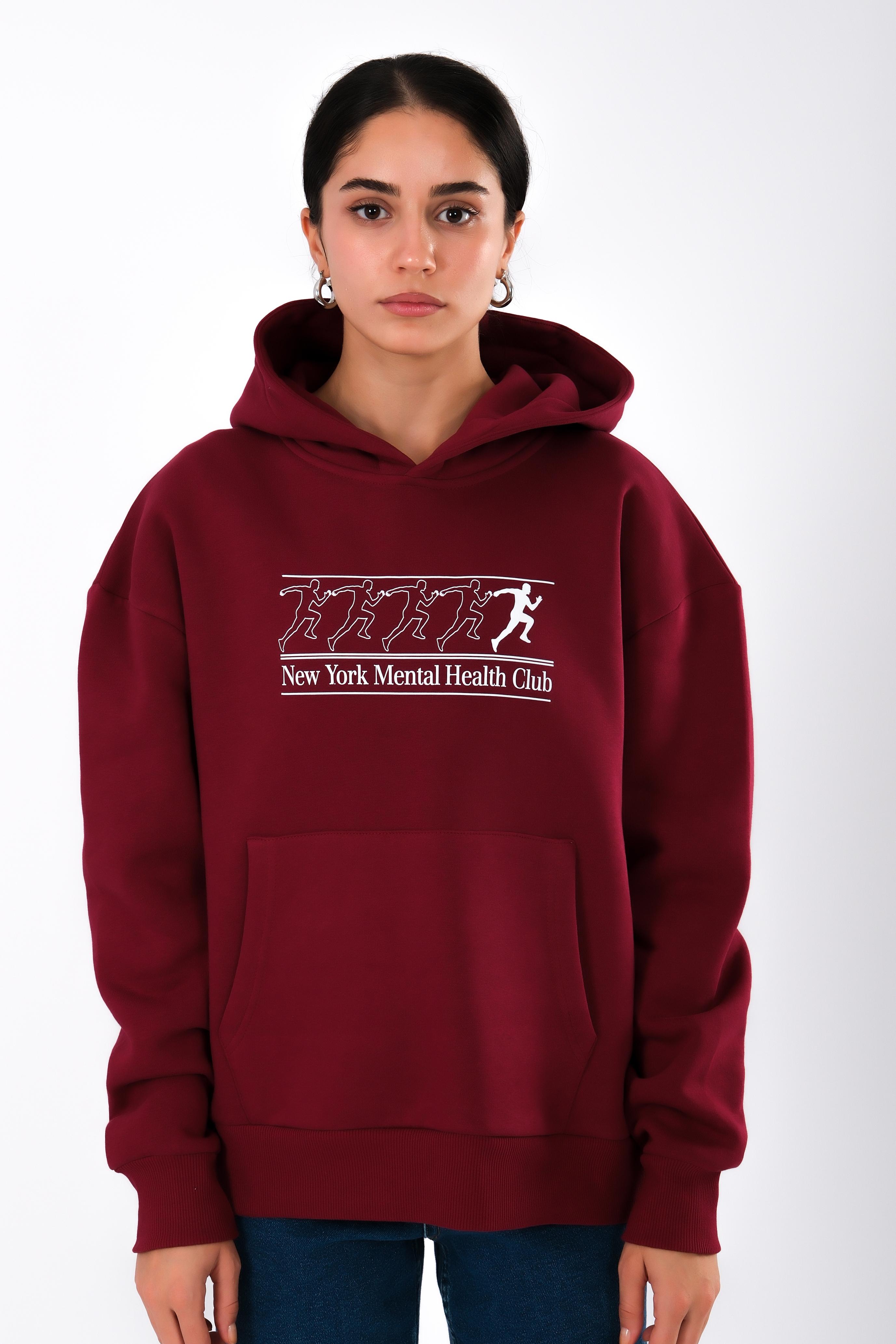 New York Mental Health Club Relaxed Fit Hoodie Kadın - Bordo C503