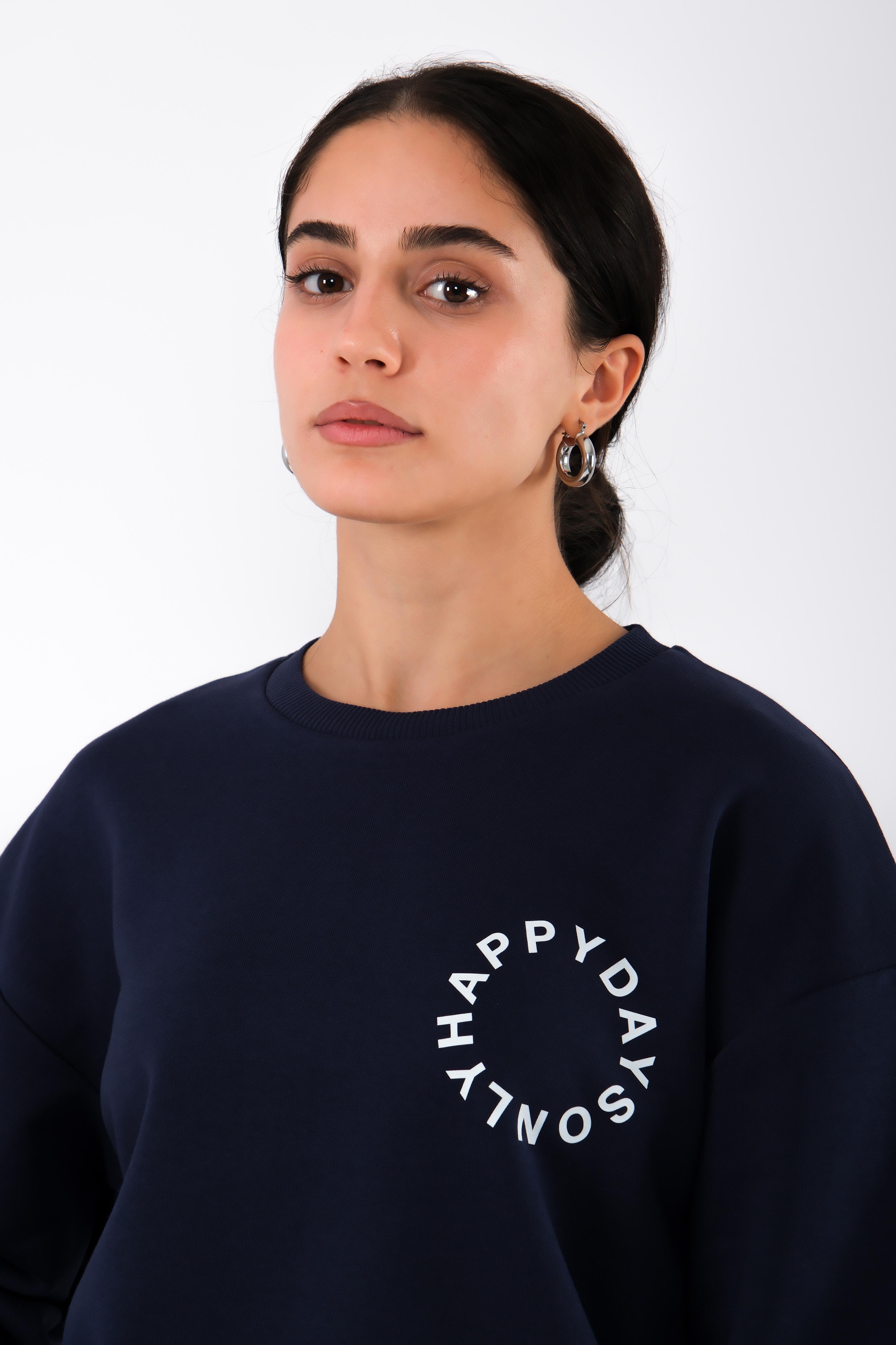 Happy Days Relaxed Fit Sweatshirt Kadın - Lacivert C504