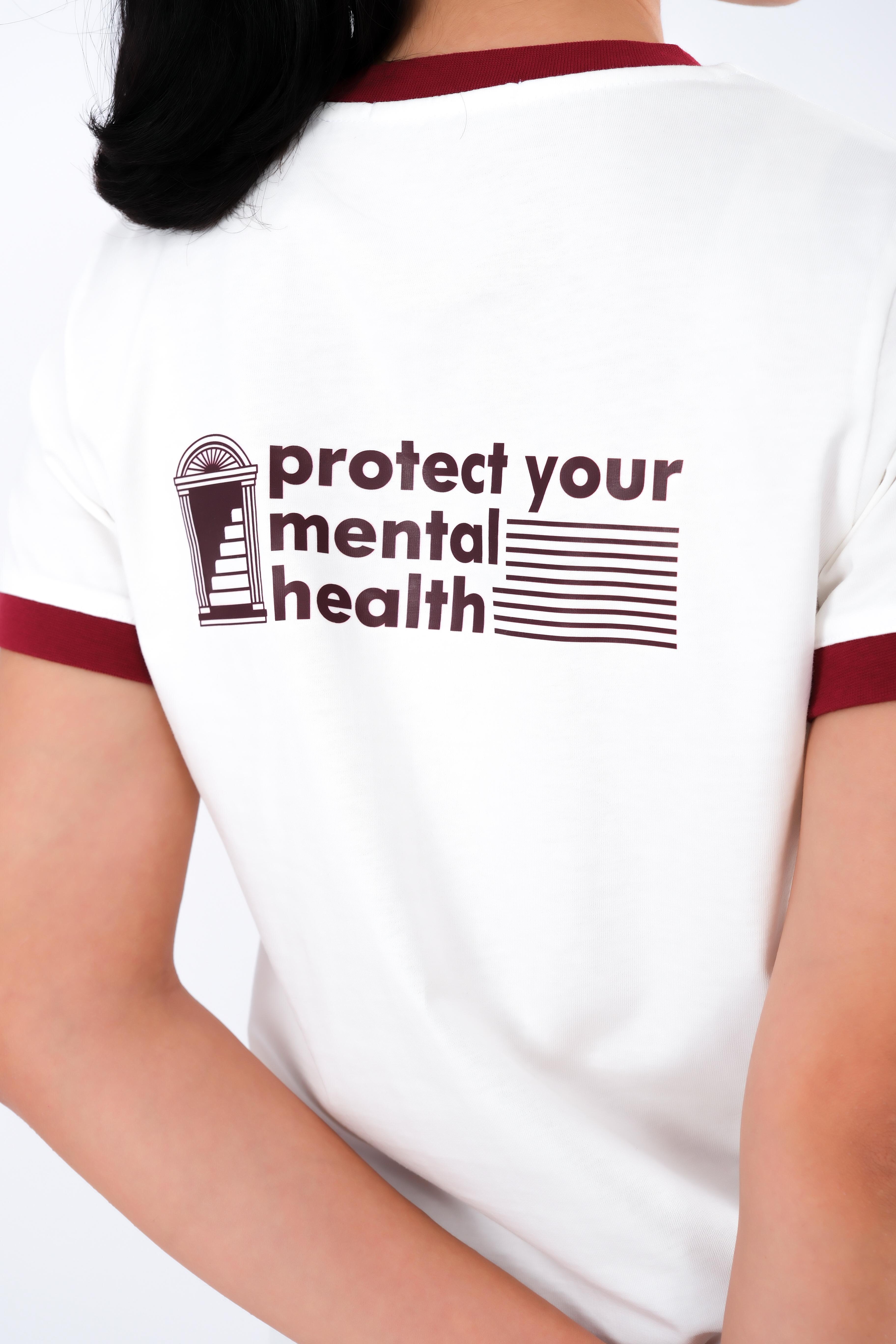 Regular Fit Bordo Kontrast Ribanalı Ekru T-Shirt Kadın - PROTECT YOUR MENTAL C502