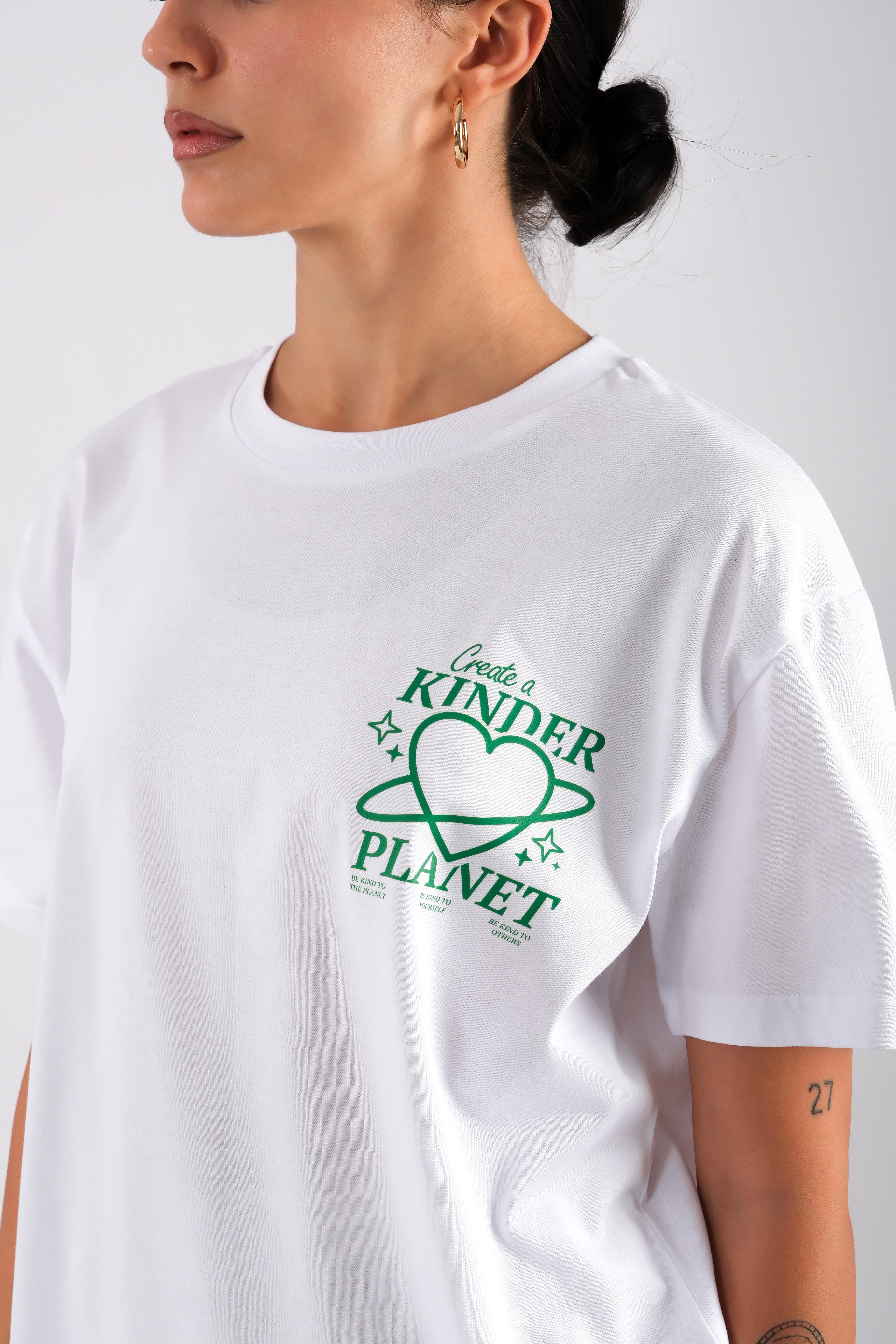 Kinder Planet Relaxed Fit Kadın T-Shirt Beyaz C501