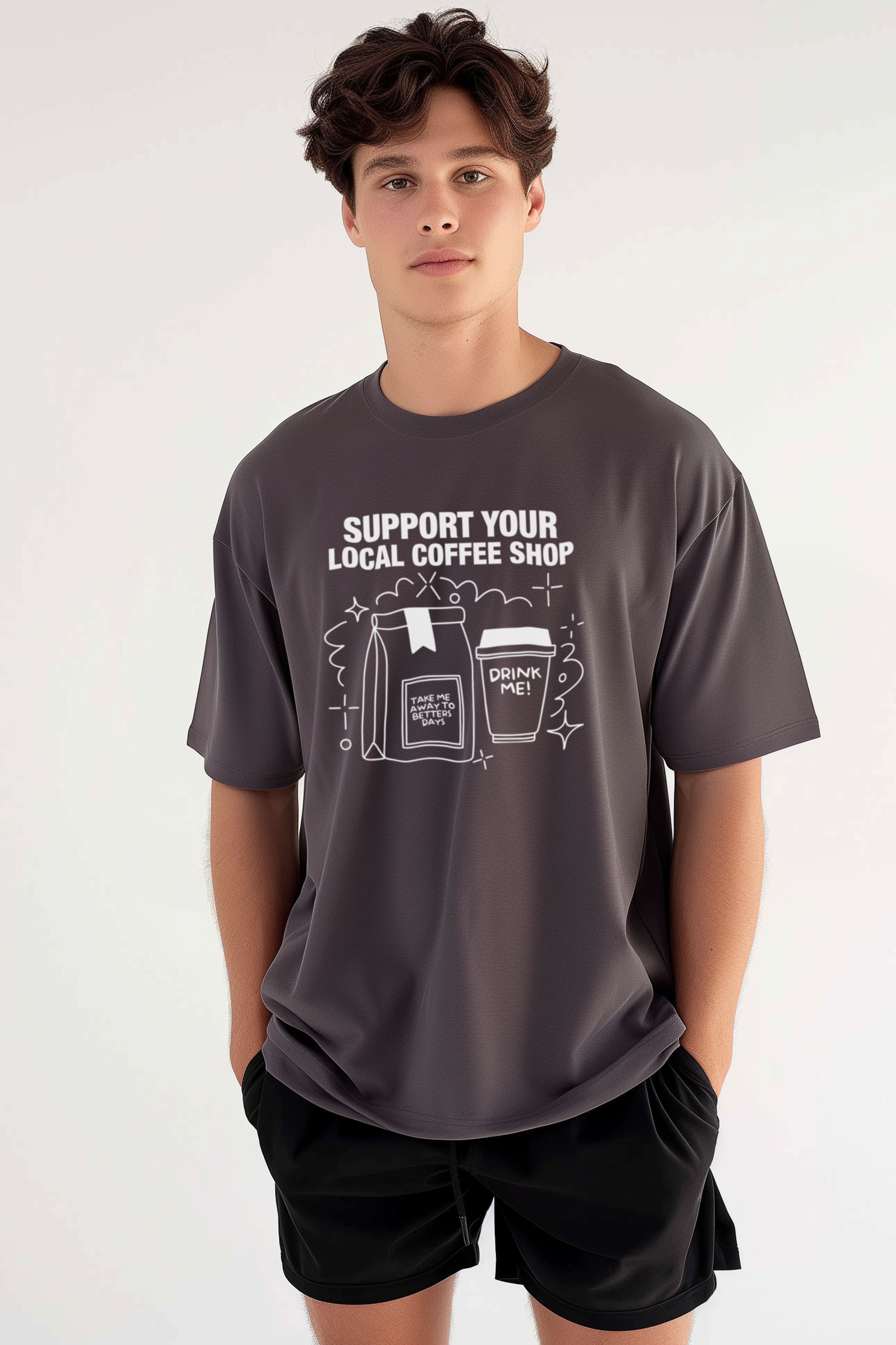Local Coffee Shop Oversize T-Shirt Erkek - Füme