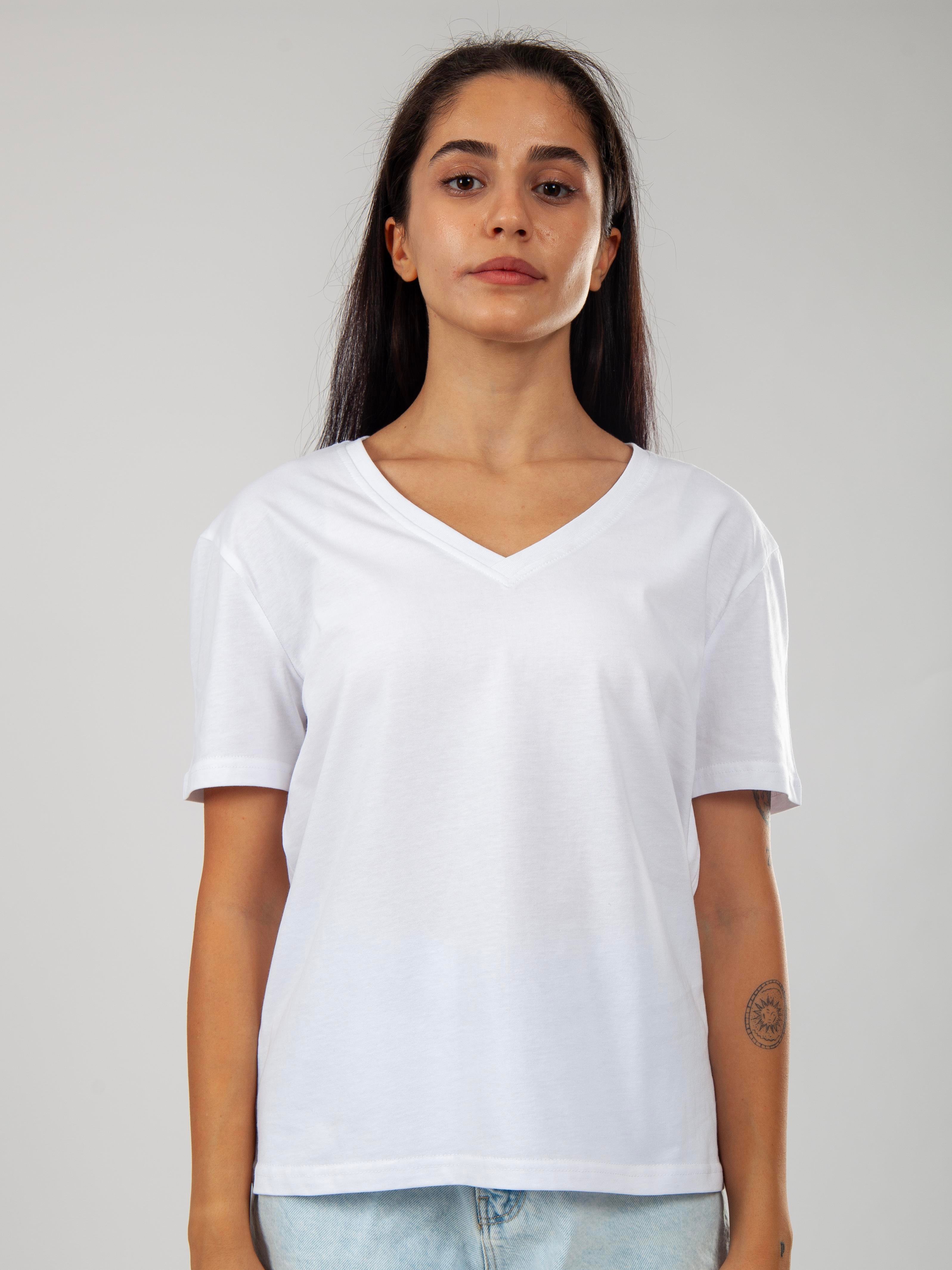 Basic V Yaka T-Shirt Kadın - Beyaz C510