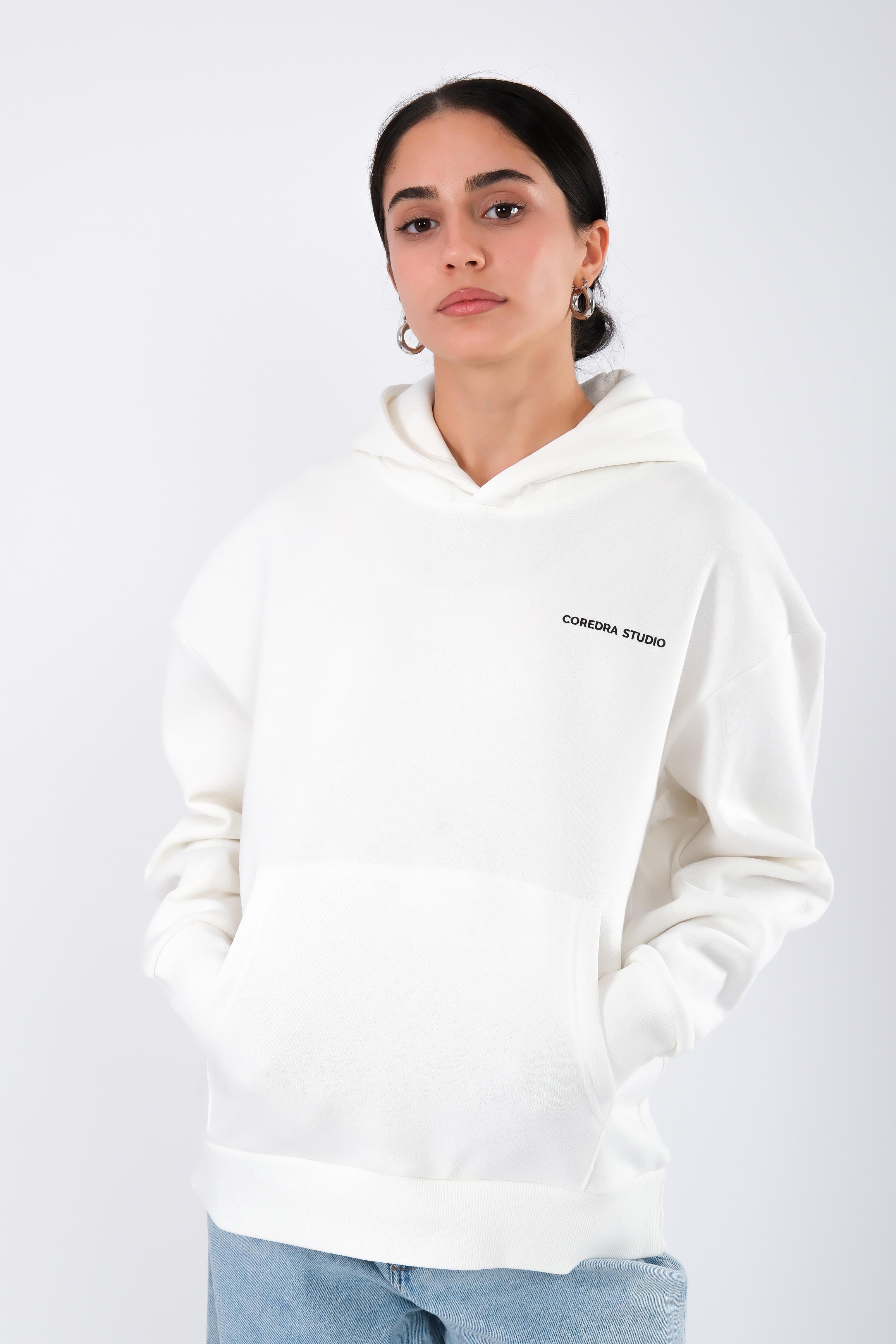 Coredra Studio Ekru  - Relaxed Fit Hoodie Kadın C503