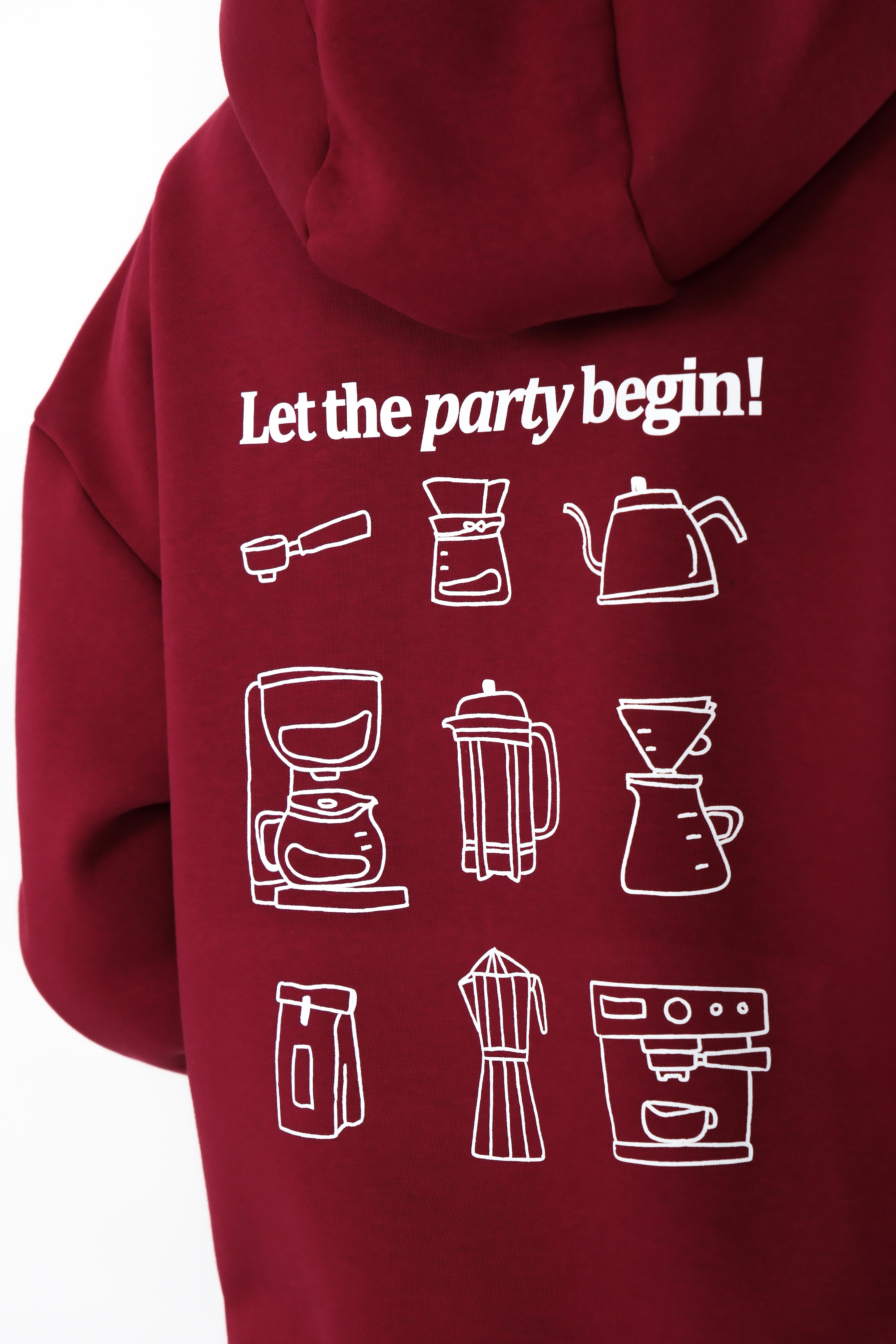 Coffee Party Relaxed Fit Hoodie Kadın - Bordo C503