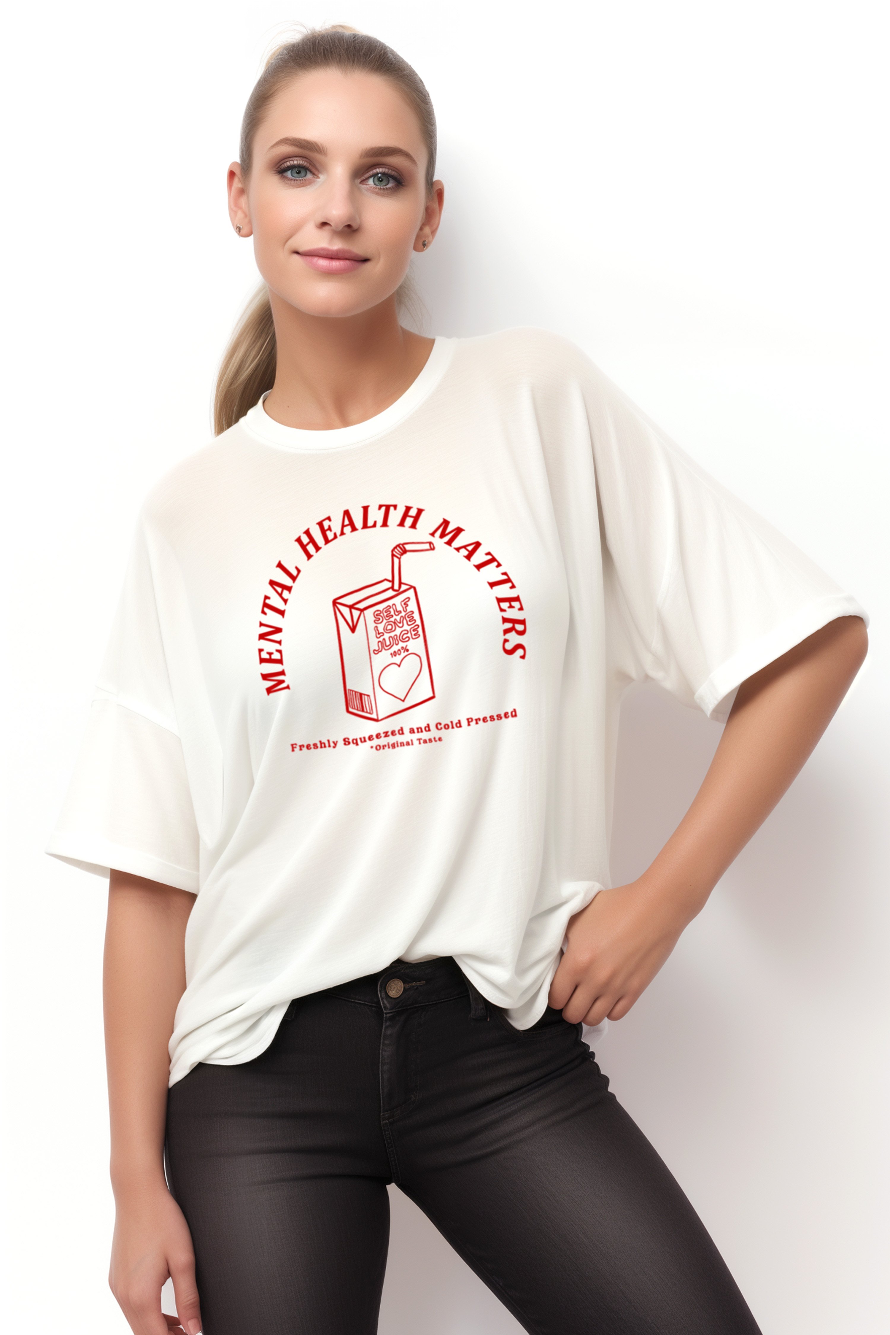 Juice Oversize T-Shirt Kadın - Ekru